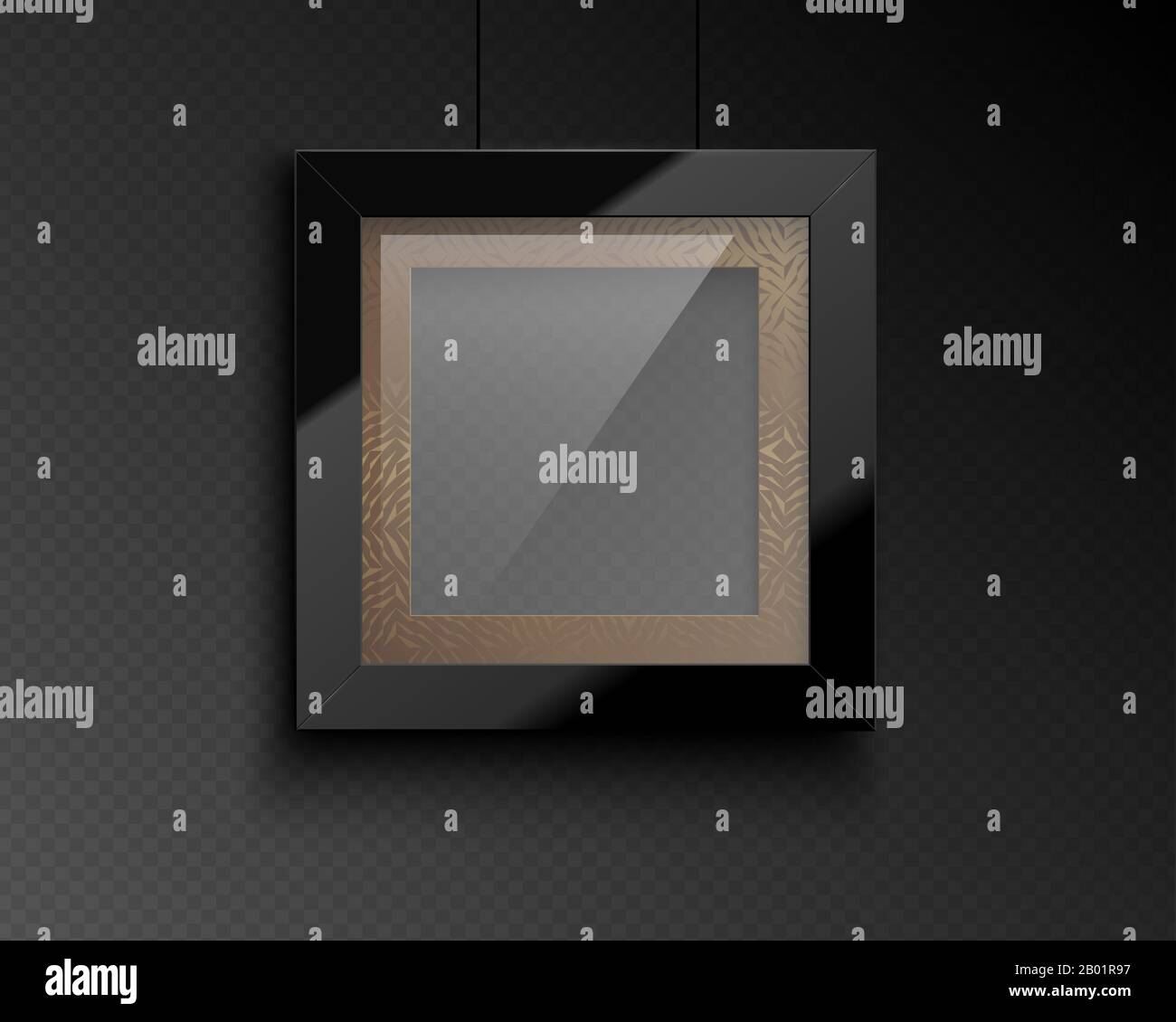 Vector square glossy luxury black frame with golden pattern passepartout. Border for photo, picture, congratulations, quote. Realistic glass frame Stock Vector
