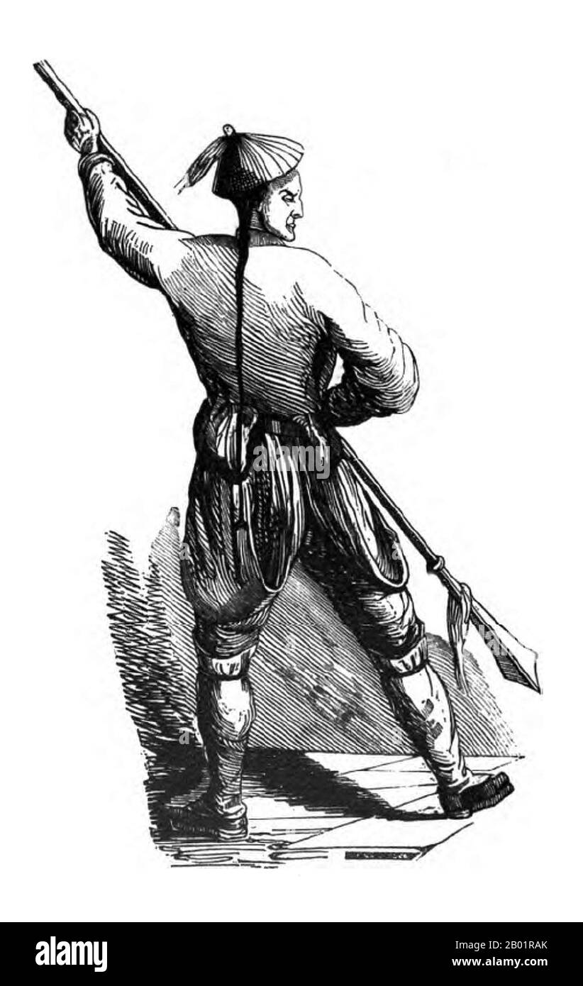 China/United Kingdom: 'Chinese Spearman'. Wood engraving by E. T. Wigan, 1844.  The First Anglo-Chinese War (1839-1842), known popularly as the First Opium War or simply the Opium War, was fought between the United Kingdom and the Qing Dynasty of China over their conflicting viewpoints on diplomatic relations, trade, and the administration of justice.  Chinese officials wished to stop what was perceived as an outflow of silver and to control the spread of opium, and confiscated supplies of opium from British traders. Stock Photo