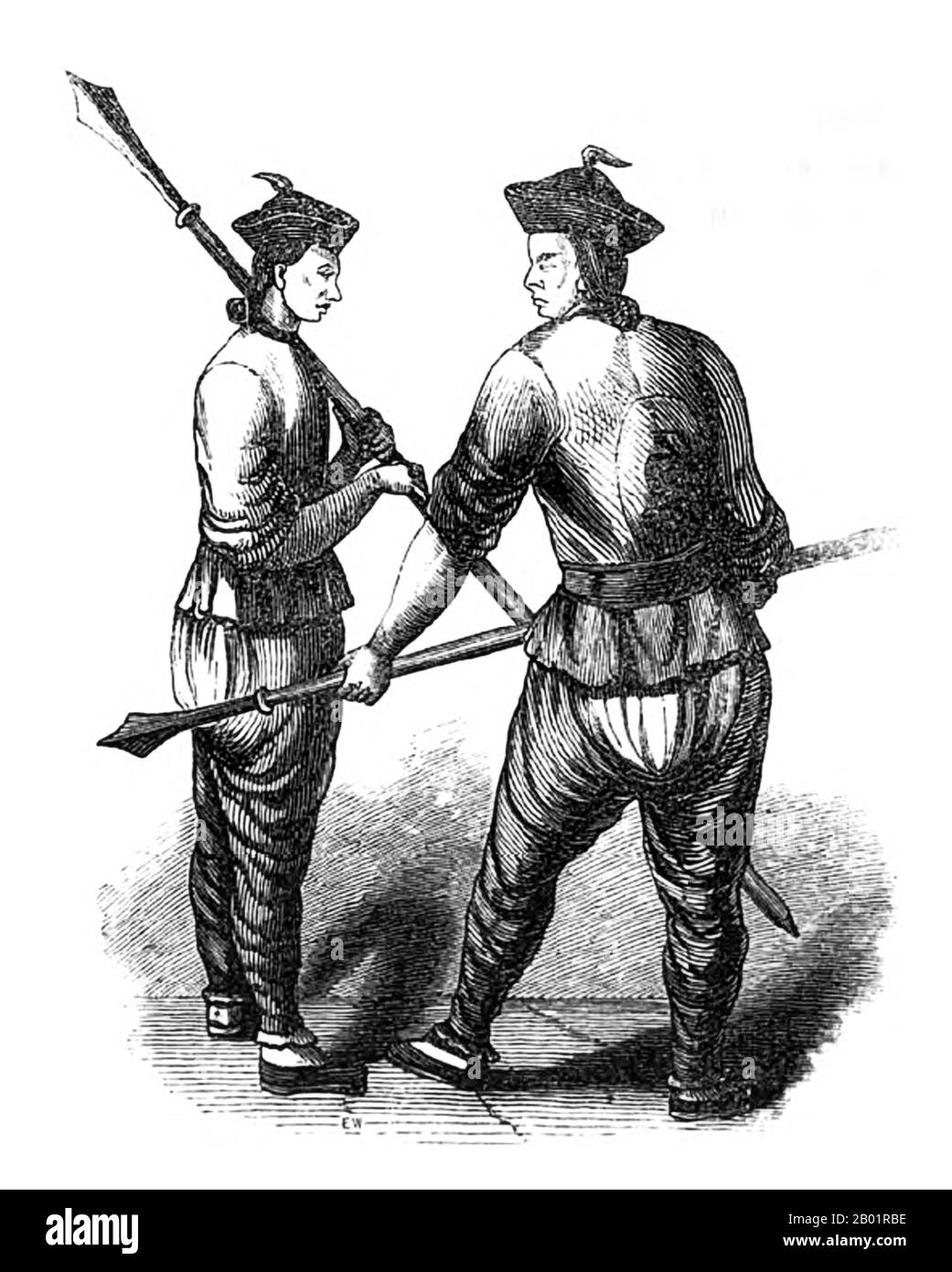 China/United Kingdom: 'Tartar Spearman'. Wood engraving by E. T. Wigan, 1844.  The First Anglo-Chinese War (1839-1842), known popularly as the First Opium War or simply the Opium War, was fought between the United Kingdom and the Qing Dynasty of China over their conflicting viewpoints on diplomatic relations, trade, and the administration of justice.  Chinese officials wished to stop what was perceived as an outflow of silver and to control the spread of opium, and confiscated supplies of opium from British traders. Stock Photo