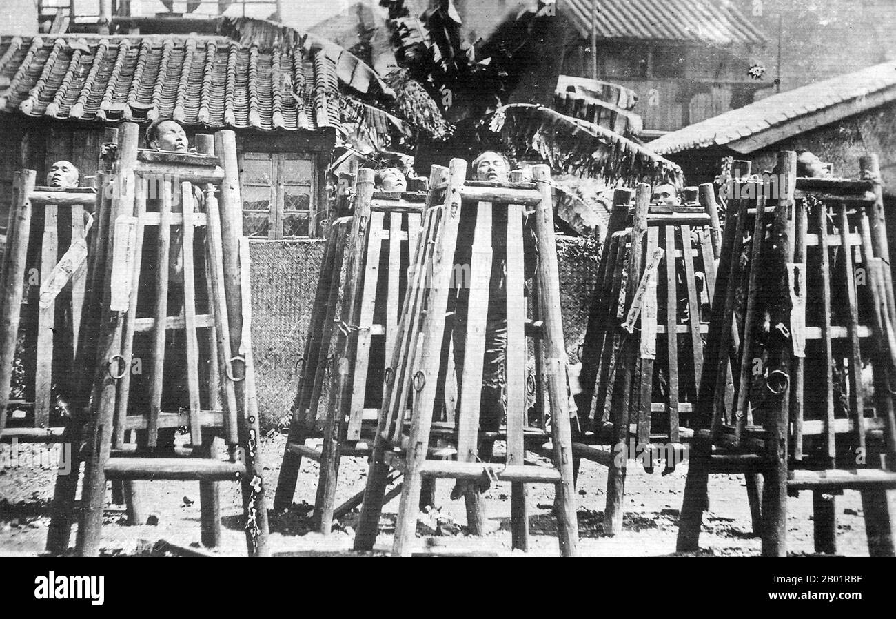 China: Execution of Boxers near Beijing, 2 January 1900.  The Boxer Rebellion, also known as Boxer Uprising or Yihetuan Movement, was a proto-nationalist movement by the Righteous Harmony Society in China between 1898 and 1901, opposing foreign imperialism and Christianity.  The uprising took place in response to foreign spheres of influence in China, with grievances ranging from opium traders, political invasion, economic manipulation, to missionary evangelism. In China, popular sentiment remained resistant to foreign influences, and anger rose over the 'unequal treaties'. Stock Photo