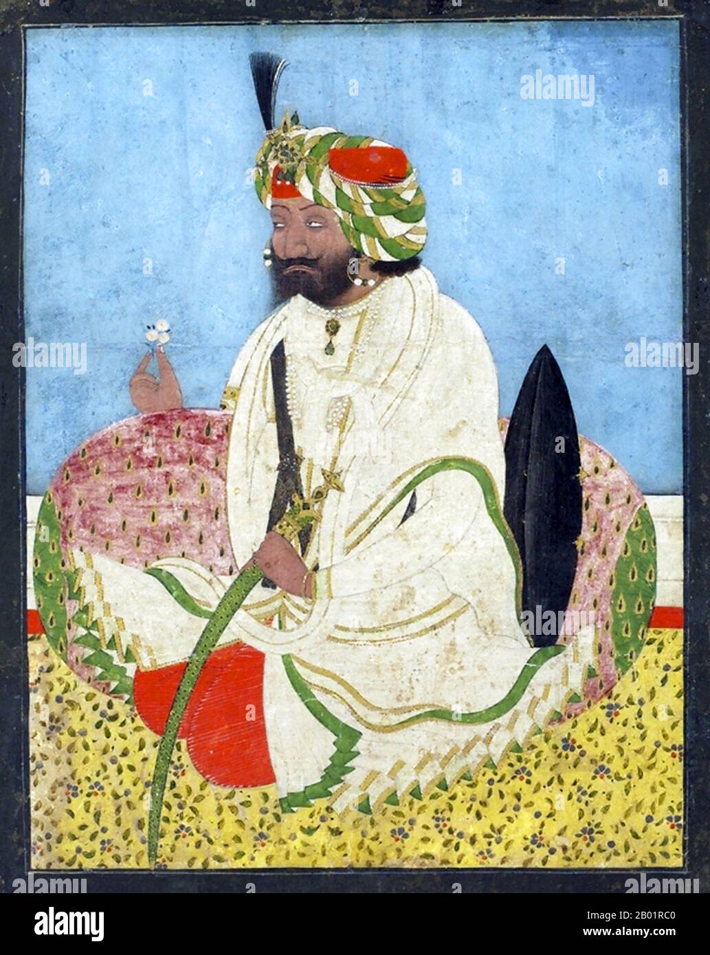 India: 'Maharaja Gulab Singh of Jammu and Kashmir Panjab'. Watercolour portrait by a Sikh artist, c. 1846.  Maharaja Gulab Singh Jamwal (21 October 1792 - 30 June 1857) was the first Maharaja of the princely state of Jammu and Kashmir and founder of the Dogra Dynasty. Jammu and Kashmir was the largest state under the British Raj, formed after the First Anglo-Sikh War and the collapse of the Sikh Empire.  The Sino-Sikh War, or Sino-Dogra War, was fought from May 1841 to August 1842 between the Qing Empire and Gulab Singh's forces, after he unsuccessfully invaded western Tibet and was routed. Stock Photo