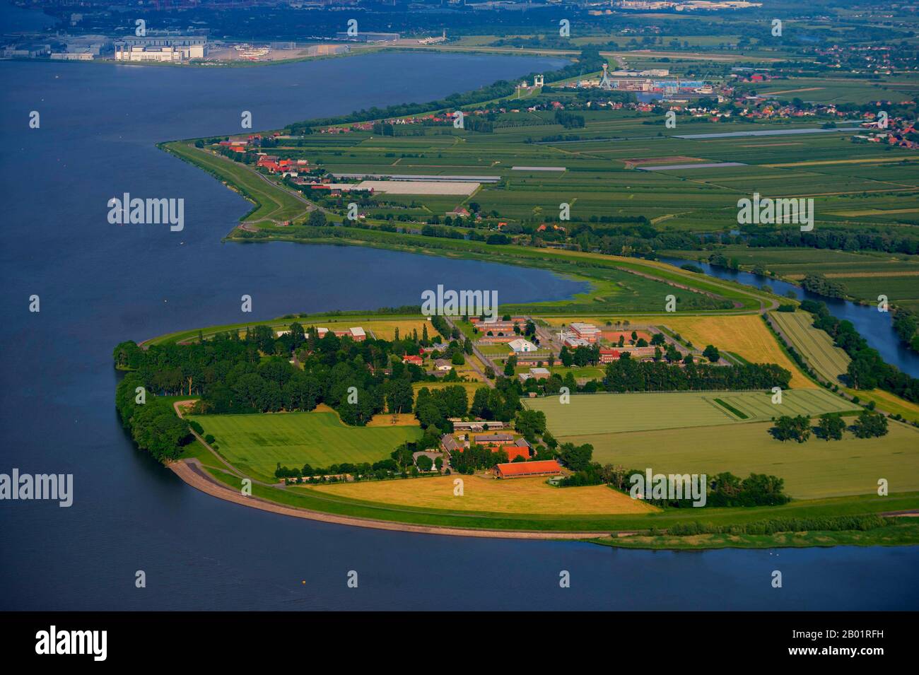 prison on Hahnoefersand Island, Muehlenberger Loch in background, aerial view, Germany, Lower Saxony Stock Photo