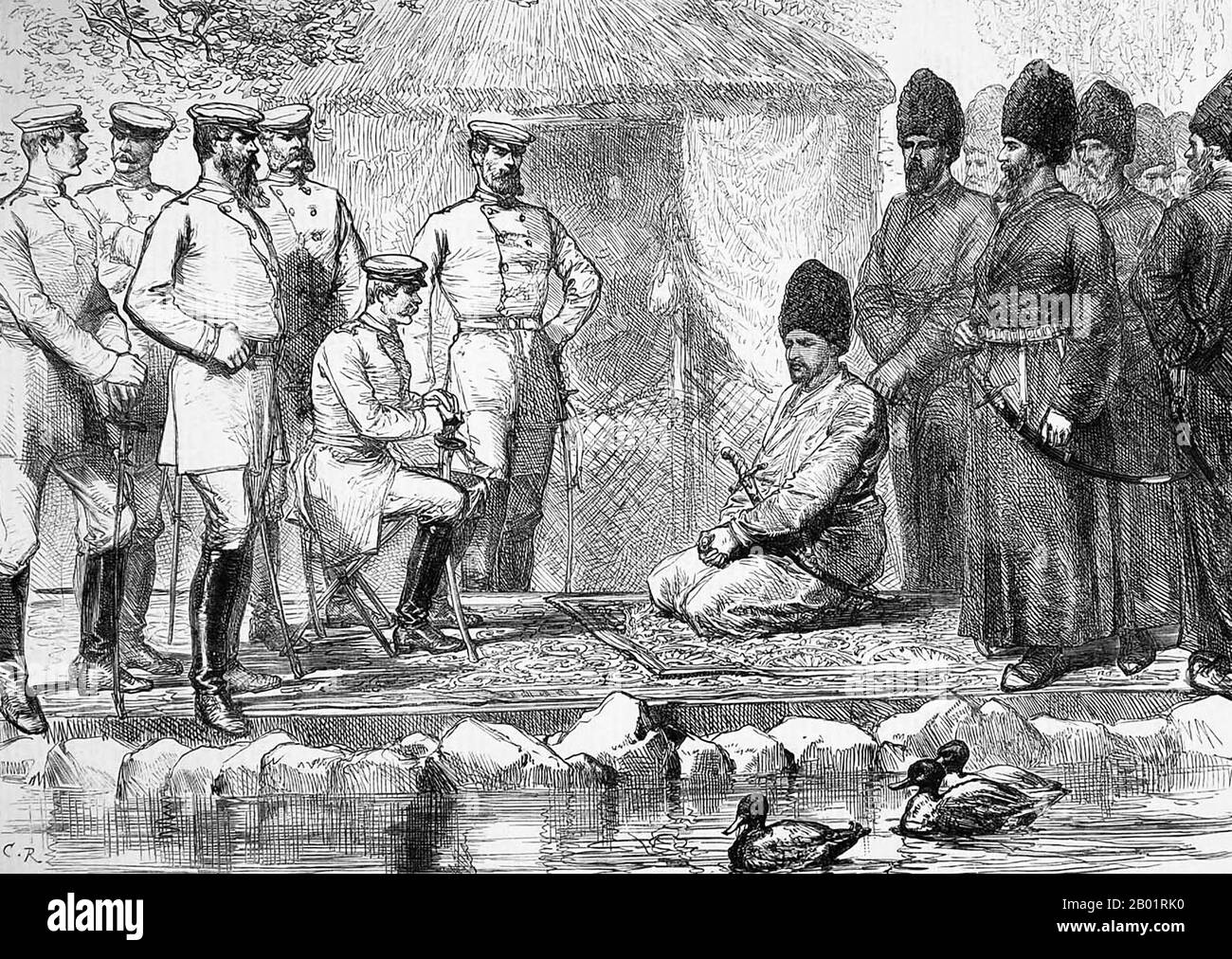 Uzbekistan: 'Interview Between General Kaufmann And The Khan Of Khiva, 12 August 1873'. Engraving from 'L'UNIVERS ILLUSTRE', 1873.  As soon as the Russian conquest of the Caucasus was completed in the late 1850s, the Russian Ministry of War began to send military forces against the Central Asian khanates. Three major population centers of the khanates - Tashkent, Bukhara, and Samarkand - were captured in 1865, 1867, and 1868, respectively. In 1868 the Khanate of Bukhara signed a treaty with Russia making Bukhara a Russian protectorate. while Khiva became a Russian protectorate in 1873. Stock Photo