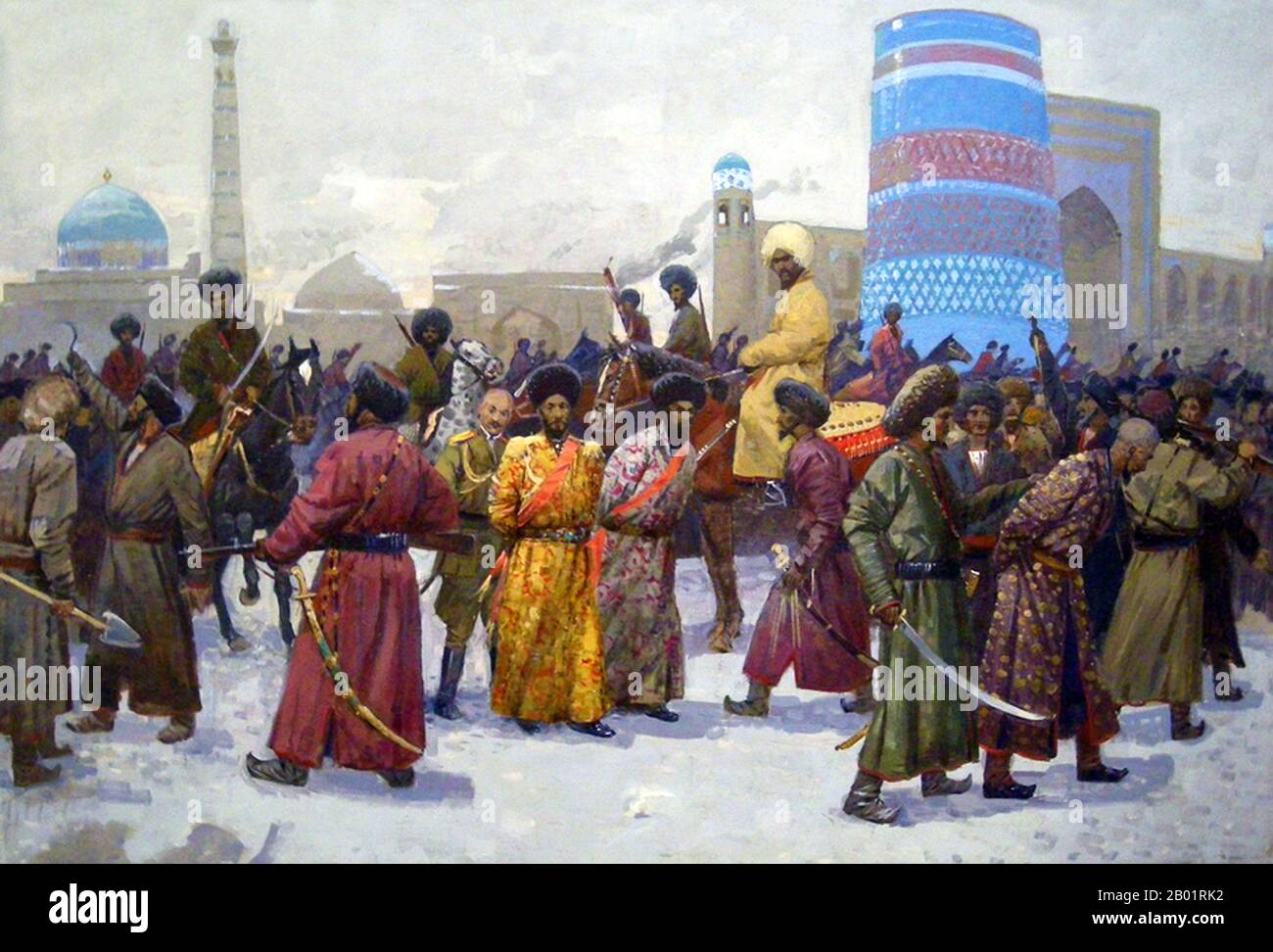 Uzbekistan: The 1916 Rising in Khiva. Oil on canvas painting, c. 1918.  During the First World War the Muslim exemption from conscription was removed by the Russians, sparking the Central Asian Revolt of 1916. When the Russian Revolution of 1917 occurred, a provisional Government of Jadid Reformers, also known as the Turkestan Muslim Council met in Kokand and declared Turkestan's autonomy.  This new government was quickly crushed by the forces of the Tashkent Soviet, and the semi-autonomous states of Bukhara and Khiva were also invaded. The main independence forces were rapidly crushed. Stock Photo