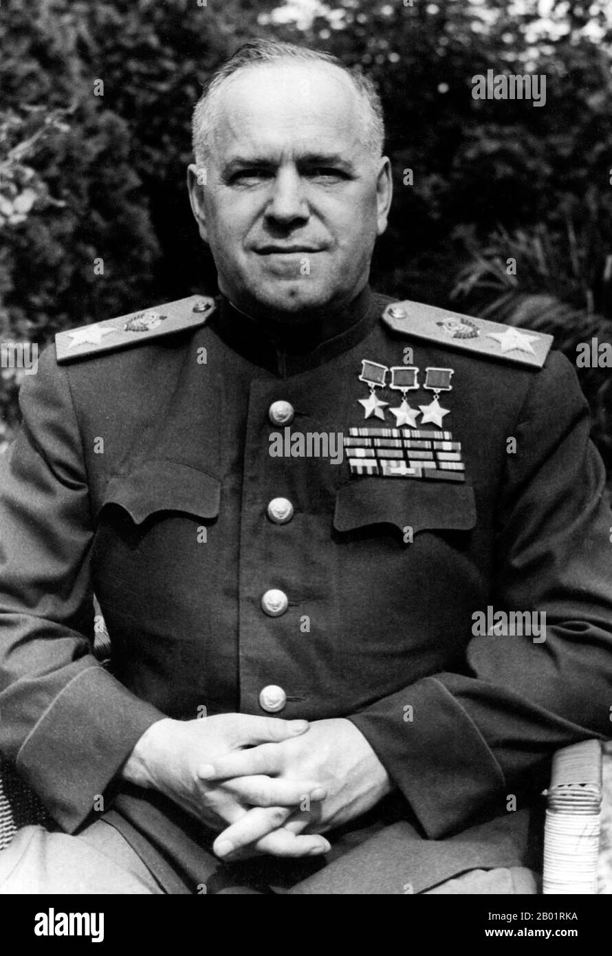 Marshal of the Soviet Union Georgy Konstantinovich Zhukov (Russian: Гео́ргий Константи́нович Жу́ков; 1896 – 18 June 1974), was a Russian career officer in the Red Army who, in the course of World War II, played a pivotal role in leading the Red Army through much of Eastern Europe to liberate the Soviet Union and other nations from the Axis Powers' occupation and conquer Germany's capital, Berlin. He is the most decorated general in the history of Russia and the Soviet Union.  In 1938 Zhukov was directed to command the First Soviet Mongolian Army Group, and saw action against Japan's Kwantung A Stock Photo
