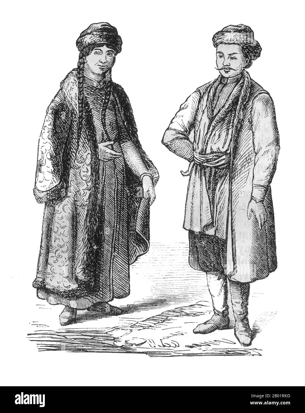 Russia: Kalmyk man and woman, Kalmykia. Engraving, late 19th century  Kalmyk people (or Kalmyks) (Kalmyk: Хальмгуд, Halm'gud) is the name given to the Oirats, western Mongols in Russia, whose descendants migrated from Dzungaria in 1607. Today they form a majority in the autonomous Republic of Kalmykia on the western shore of the Caspian Sea.  Kalmykia is Europe's only Buddhist state. Through emigration, small Kalmyk communities have been established in the United States, France, Germany, Switzerland and the Czech Republic. Stock Photo