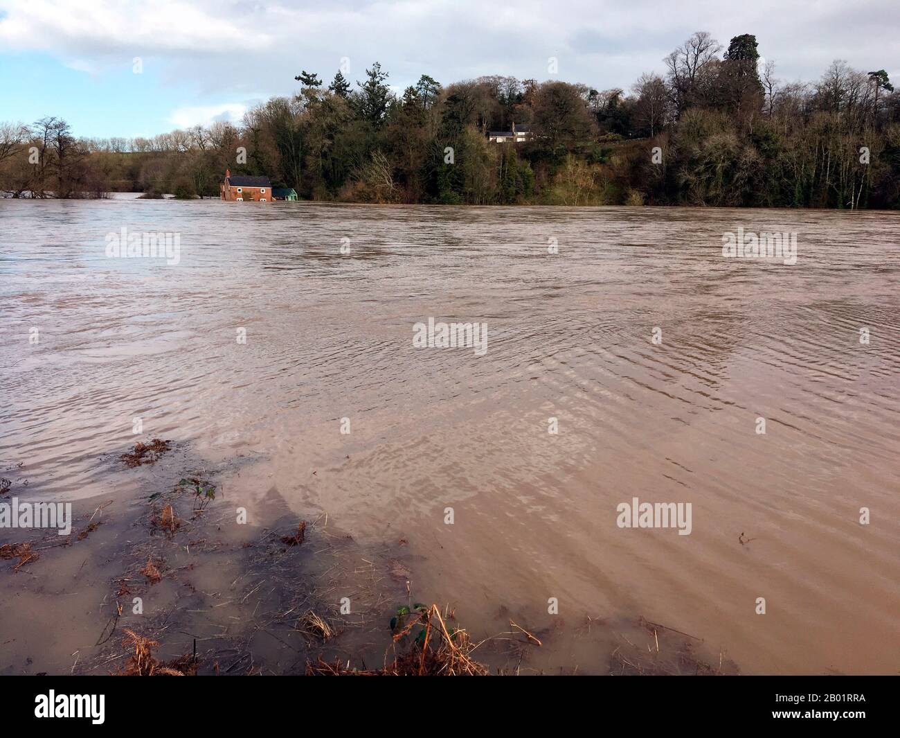 Flooded riverside meadow River Wye at Hay on Wye the river reached it's highest level of 5.05 metres recorded on the local river height gauge Stock Photo