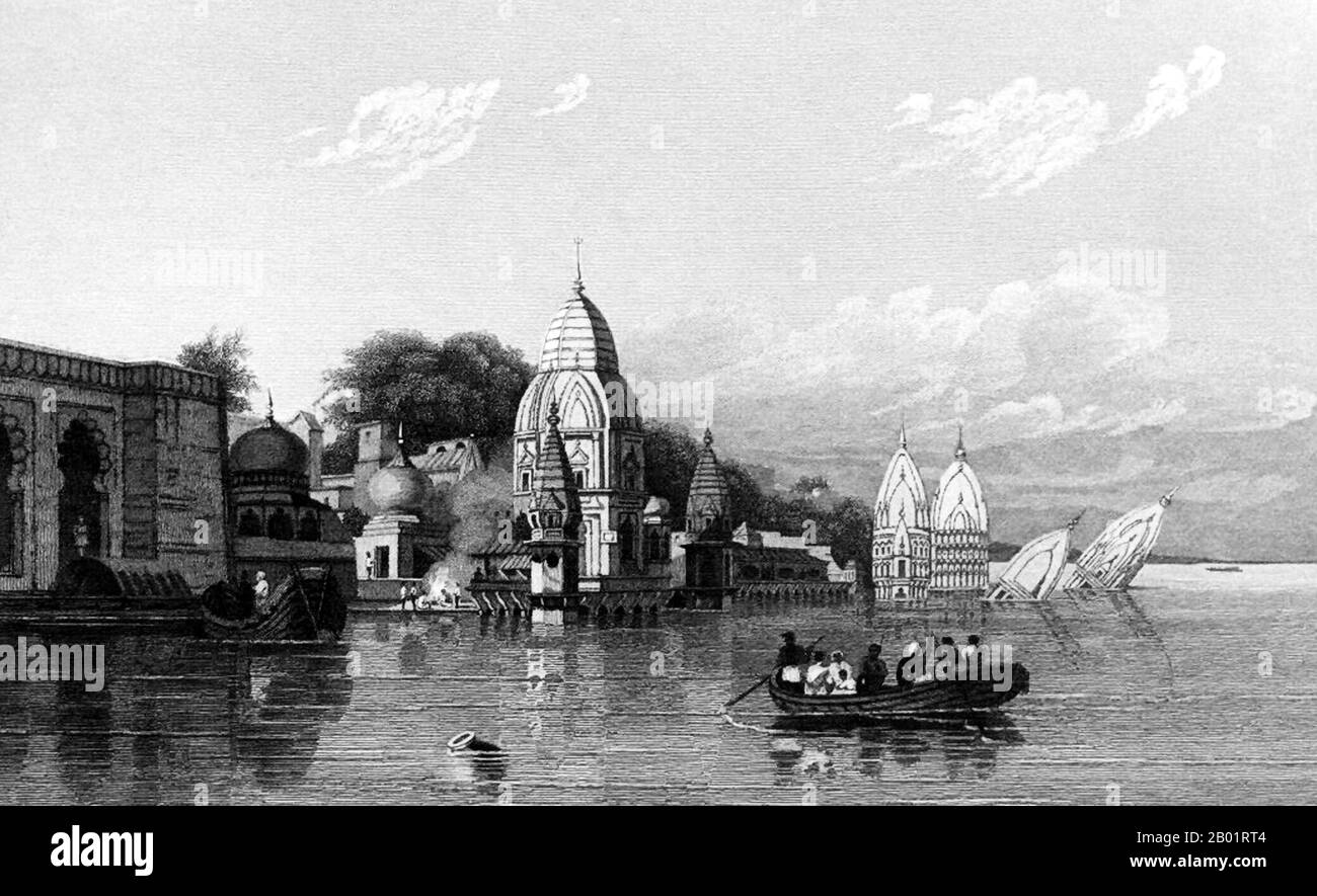 India: 'Hindoo Temple, Benares'. Engraving by J. Thomas and T. Boys, 1832.  Varanasi, also commonly known as Banaras or Benaras, is a city situated on the banks of the River Ganges in the Indian state of Uttar Pradesh, 320 kilometres (199 mi) southeast of state capital Lucknow. It is regarded as a holy city by Hindus, Buddhists and Jains. It is one of the oldest continuously inhabited cities in the world and the oldest in India.  The Kashi Naresh (Maharaja of Kashi) is the chief cultural patron of Varanasi and an essential part of all religious celebrations. Stock Photo