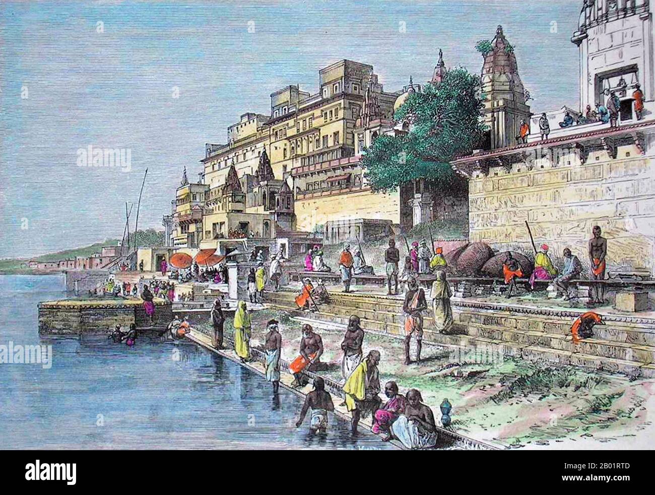 India: 'Hindu Temple, Benares'. Coloured engraving by T. Taylor, c. 1883.  Varanasi, also commonly known as Banaras or Benaras, is a city situated on the banks of the River Ganges in the Indian state of Uttar Pradesh, 320 kilometres (199 mi) southeast of state capital Lucknow. It is regarded as a holy city by Hindus, Buddhists and Jains. It is one of the oldest continuously inhabited cities in the world and the oldest in India.  The Kashi Naresh (Maharaja of Kashi) is the chief cultural patron of Varanasi and an essential part of all religious celebrations. Stock Photo