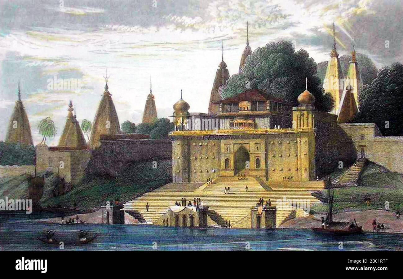 India: 'Hindu Temple, Benares'. Coloured engraving, c. 1850.  Varanasi, also commonly known as Banaras or Benaras, is a city situated on the banks of the River Ganges in the Indian state of Uttar Pradesh, 320 kilometres (199 mi) southeast of state capital Lucknow. It is regarded as a holy city by Hindus, Buddhists and Jains. It is one of the oldest continuously inhabited cities in the world and the oldest in India.  The Kashi Naresh (Maharaja of Kashi) is the chief cultural patron of Varanasi and an essential part of all religious celebrations. Stock Photo
