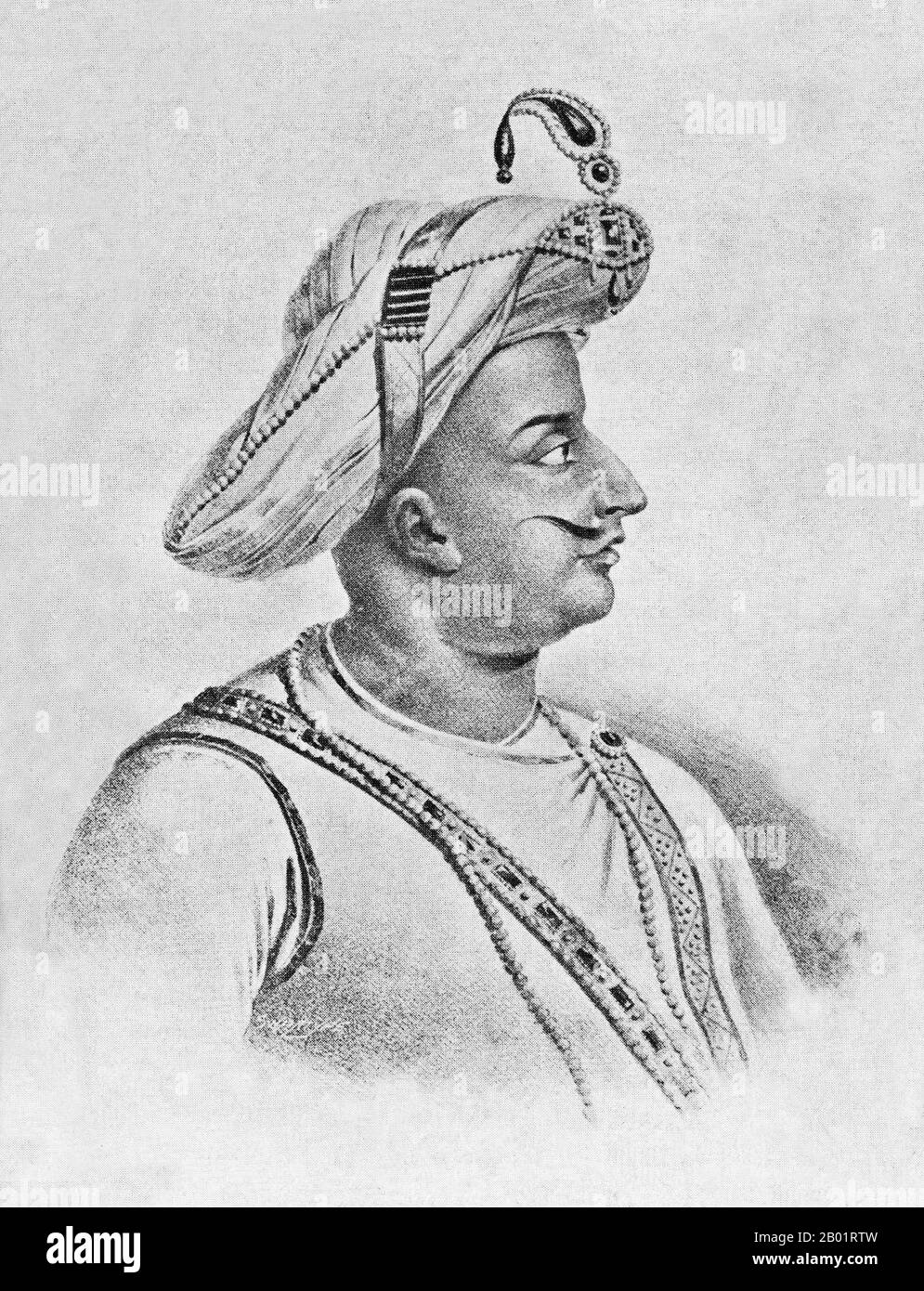India: 'Tipu Sultan, Another View'. Sketch from C. Hayavadana Rao's 'History of Mysore, 1399 to 1799, volume III', 1792 (for sketch) and 1943 (for book).  Tipu Sultan (November 1750 - 4 May 1799), also known as the Tiger of Mysore, was the de facto ruler of the Kingdom of Mysore. He was the son of Hyder Ali, at that time an officer in the Mysorean army, and his second wife, Fatima or Fakhr-un-Nissa. He was given a number of honorific titles, and was referred to as Sultan Fateh Ali Khan Shahab, Tipu Saheb, Bahadur Khan Tipu Sultan or Fatih Ali Khan Tipu Sultan Bahadur. Stock Photo