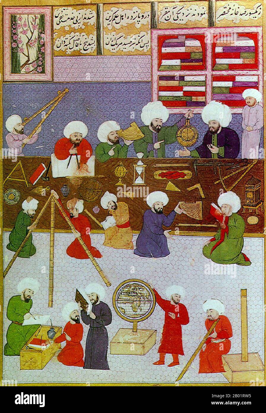Turkey: Ottoman astronomers at work around Taqi al-Din at the Istanbul Observatory. Miniature painting from the Shahinshah-nama (History of the King of Kings), an epic poem by 'Ala ad-Din Mansur-Shirazi, c. 1574-1595.  Taqi al-Din Muhammad ibn Ma'ruf al-Shami al-Asadi (1526-1585) was an Ottoman Turkish Muslim polymath. He was the author of more than 90 books on a wide variety of subjects, including astronomy, clocks, engineering, mathematics, mechanics, optics and natural philosophy. Stock Photo