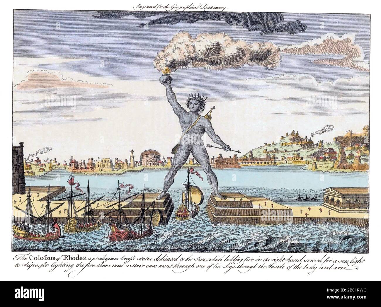 Greece: 'The Colossus of Rhodes'. Engraving in the New Geographical Dictionary, 1790.  The Colossus of Rhodes was a statue of the Greek god Helios, erected in the city of Rhodes by Chares of Lindos between 292 and 280 BCE. It is considered one of the Seven Wonders of the Ancient World. It was constructed to celebrate Rhodes' victory over the ruler of Cyprus, Antigonus I Monophthalmus, whose son unsuccessfully besieged Rhodes in 305 BCE. Before its destruction, the Colossus of Rhodes stood over 30 metres (107 ft) high, making it one of the tallest statues of the ancient world. Stock Photo
