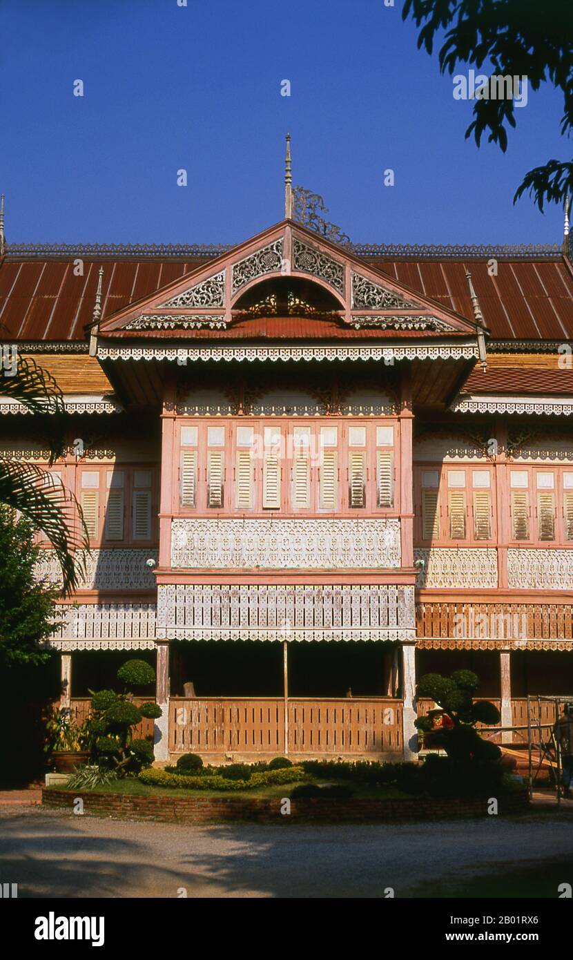 Vongburi House is a two-storey teak house built by the last prince of Phrae, Luang Phongphibun, in the late 19th century CE.  Phrae was built next to the Yom River in the 12th century and was part of the Mon kingdom of Haripunchai. In 1443, King Tilokaraj of the neighbouring Lanna kingdom captured the town. Stock Photo