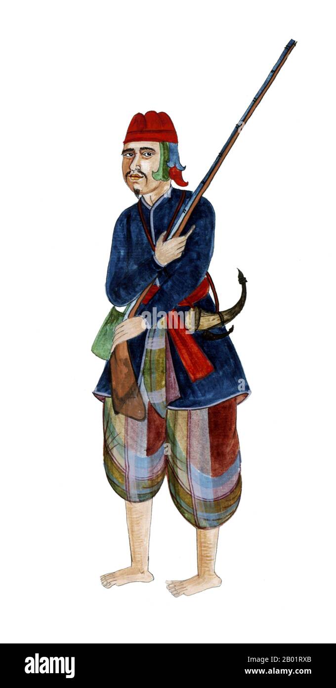 Burma/Myanmar: A rifleman of the Konbaung Dynasty army. Watercolour painting, c. 1857-1880.  The Konbaung Dynasty was the last dynasty that ruled Burma (Myanmar), from 1752 to 1885. The dynasty created the second largest empire in Burmese history, and continued the administrative reforms begun by the Toungoo dynasty, laying the foundations of modern state of Burma. The reforms proved insufficient to stem the advance of the British, who defeated the Burmese in all three Anglo-Burmese Wars over a six-decade span (1824-1885) and ended the millennium-old Burmese monarchy in 1885. Stock Photo
