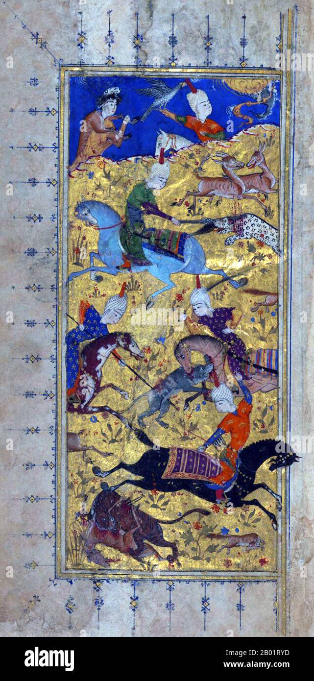 Iran/Persia: A hunting scene. Frontispiece from a divan of Hafez Shirazi (c. 1325-1390), 16th century.  Khwāja Shamsu d-Dīn Muhammad Hāfez-e Shīrāzī, known by his pen name Hāfez, was a Persian lyric poet. His collected works composed of series of Persian poetry (Divan) are to be found in the homes of most Persian speakers in Iran and Afghanistan, as well as elsewhere in the world, who learn his poems by heart and use them as proverbs and sayings to this day. His life and poems have been the subject of much analysis, commentary and interpretation. Stock Photo