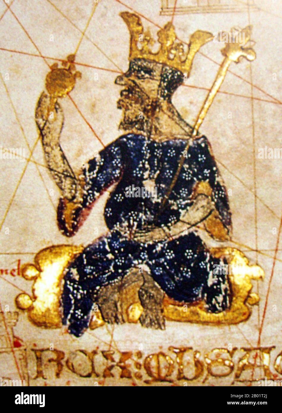 Mali: Mansa Musa (c. 1280-1337), King of Mali, holding a sceptre and a piece of gold. Detail from the Catalan Atlas by Abraham Cresques, 1375.  Musa I, commonly referred to as Mansa Musa, was the tenth mansa, which translates as 'king of kings' or 'emperor', of the Malian Empire. At the time of Mansa Musa's rise to the throne, the Malian Empire consisted of territory formerly belonging to the Ghana Empire and Melle (Mali) and immediate surrounding areas. Musa held many titles, including Emir of Melle, Lord of the Mines of Wangara, and conqueror of Ghanata, Futa-Jallon and a dozen more states. Stock Photo