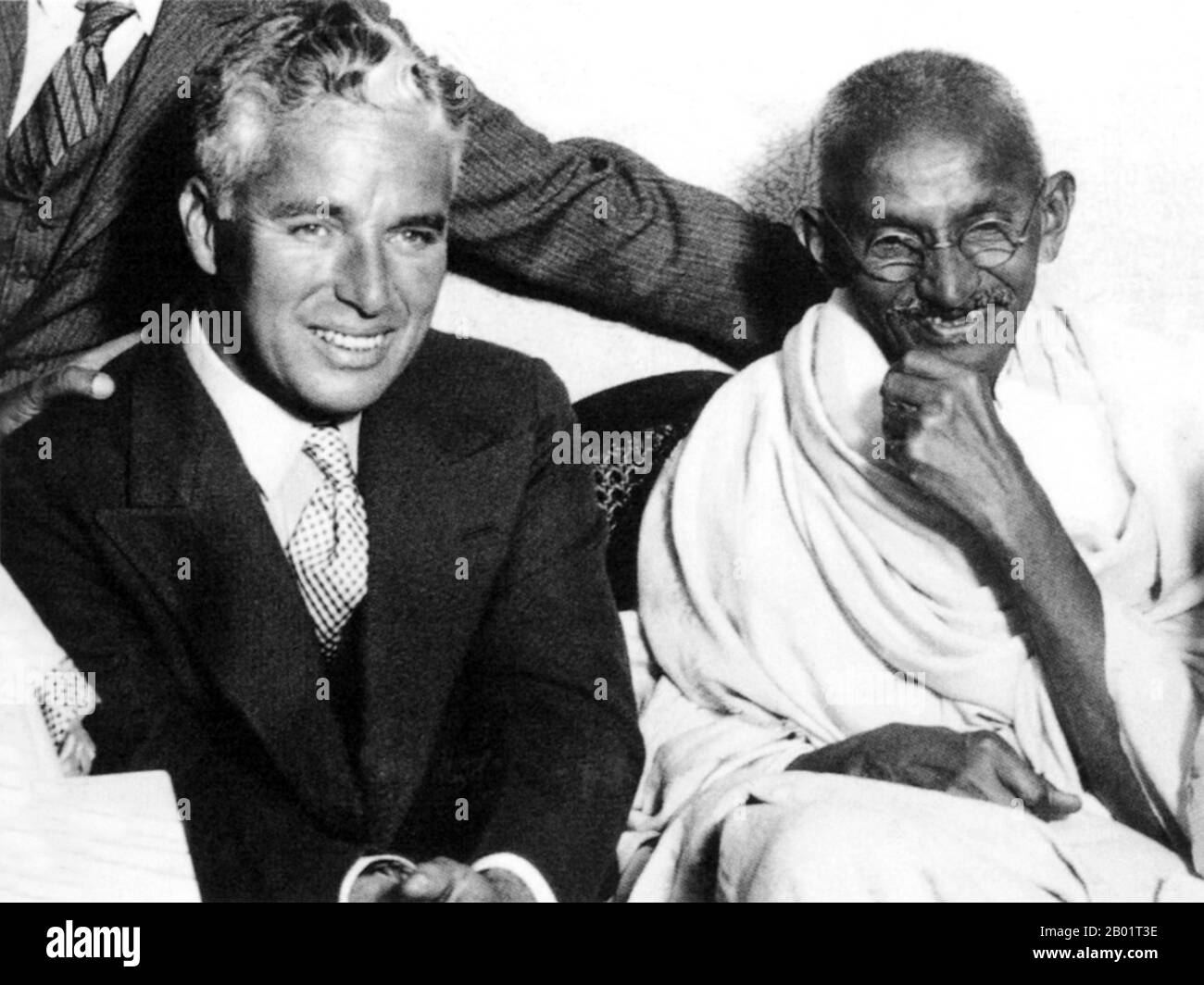 India/UK: Mahatma Gandhi (2 October 1869 - 30 January 1948), preeminent political and ideological leader of India's independence movement, with Charlie Chaplin in London, 1931.  Mohandas Karamchand Gandhi was the preeminent political and ideological leader of India during the Indian independence movement. He pioneered satyagraha. This is defined as resistance to tyranny through mass civil disobedience, a philosophy firmly founded upon ahimsa, or total non-violence. This concept helped India gain independence and inspired movements for civil rights and freedom across the world. Stock Photo