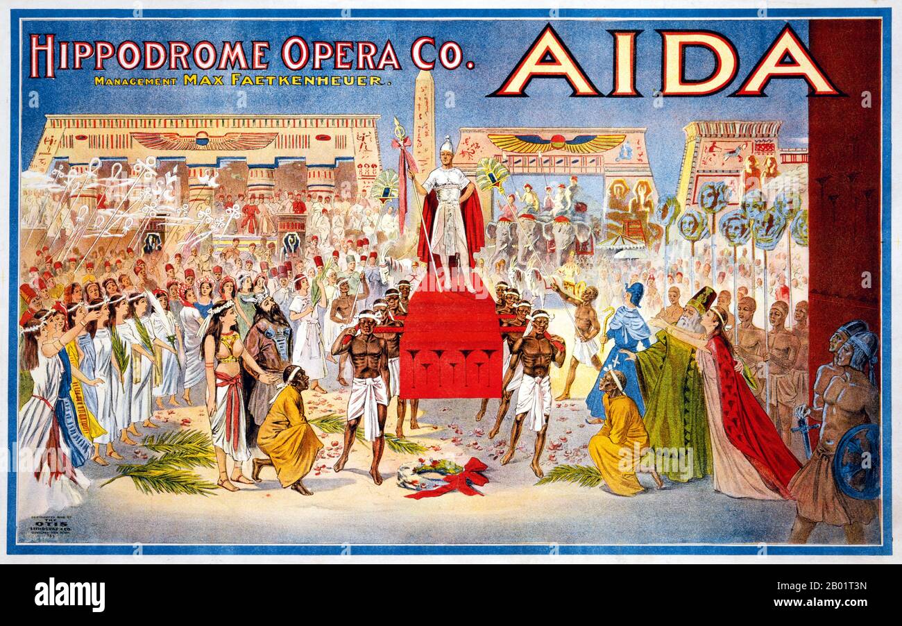 USA/Egypt: Poster for Giuseppe Verdi's 'Aida', performed by the Hippodrome Opera Company of Cleveland, Ohio, 1908.  Aida, sometimes spelled Aïda, is an opera in four acts by Giuseppe Verdi to an Italian libretto by Antonio Ghislanzoni, based on a scenario written by French Egyptologist Auguste Mariette. Aida was first performed at the Khedivial Opera House in Cairo on 24 December 1871, conducted by Giovanni Bottesini. Stock Photo