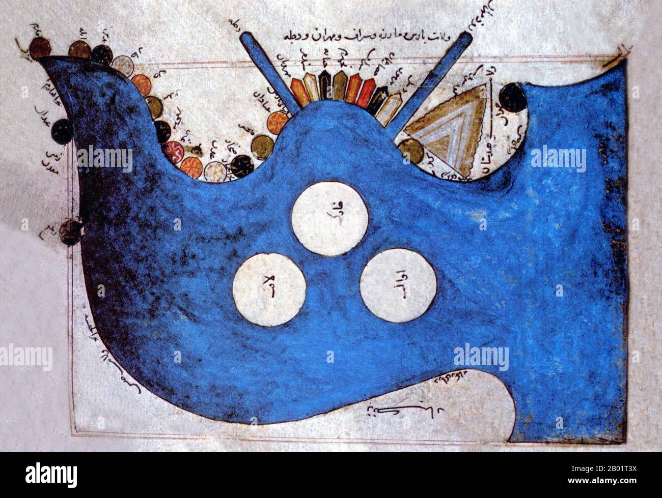 Iran/Persia: A map of the Persian/Arab Gulf and Arabian Sea based on a 10th century map by Abu Ishaq Ibrahim al-Istakhri (850-957), c. 14th-15th century.  Abu Ishaq Ibrahim ibn Muhammad al-Farisi al Istakhri (aka Estakhri, i.e. from the city of Estakhr)  was a medieval Persian geographer in the 10th century.  Al-Istakhri's Arabic language works include Al-masaalik al-mamaalik ('Traditions of Countries') and Suwar al-Aqaaleem ('Shapes of the Climes'). Stock Photo