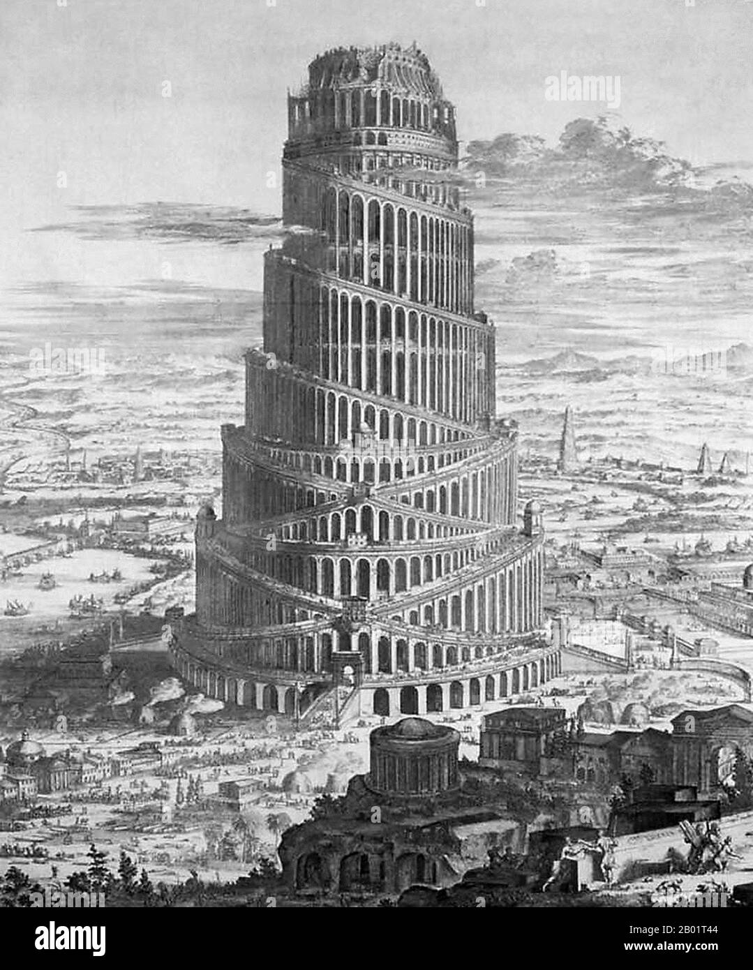 Netherlands/Iraq/Mesopotamia: 'The Building of the Tower of Babel'. Engraving by Coenraet Decker (1650-1685) from 'Turris Babel' by Athanasius Kircher (1602-1680), 1679.  The Tower of Babel, according to the Book of Genesis, was an enormous tower built in the plain of Shinar.  According to the biblical account, a united humanity of the generations following the Great Flood, speaking a single language and migrating from the east, came to the land of Shinar, where they resolved to build a city with a tower 'with its top in the heavens...lest we be scattered abroad upon the face of the Earth'. Stock Photo