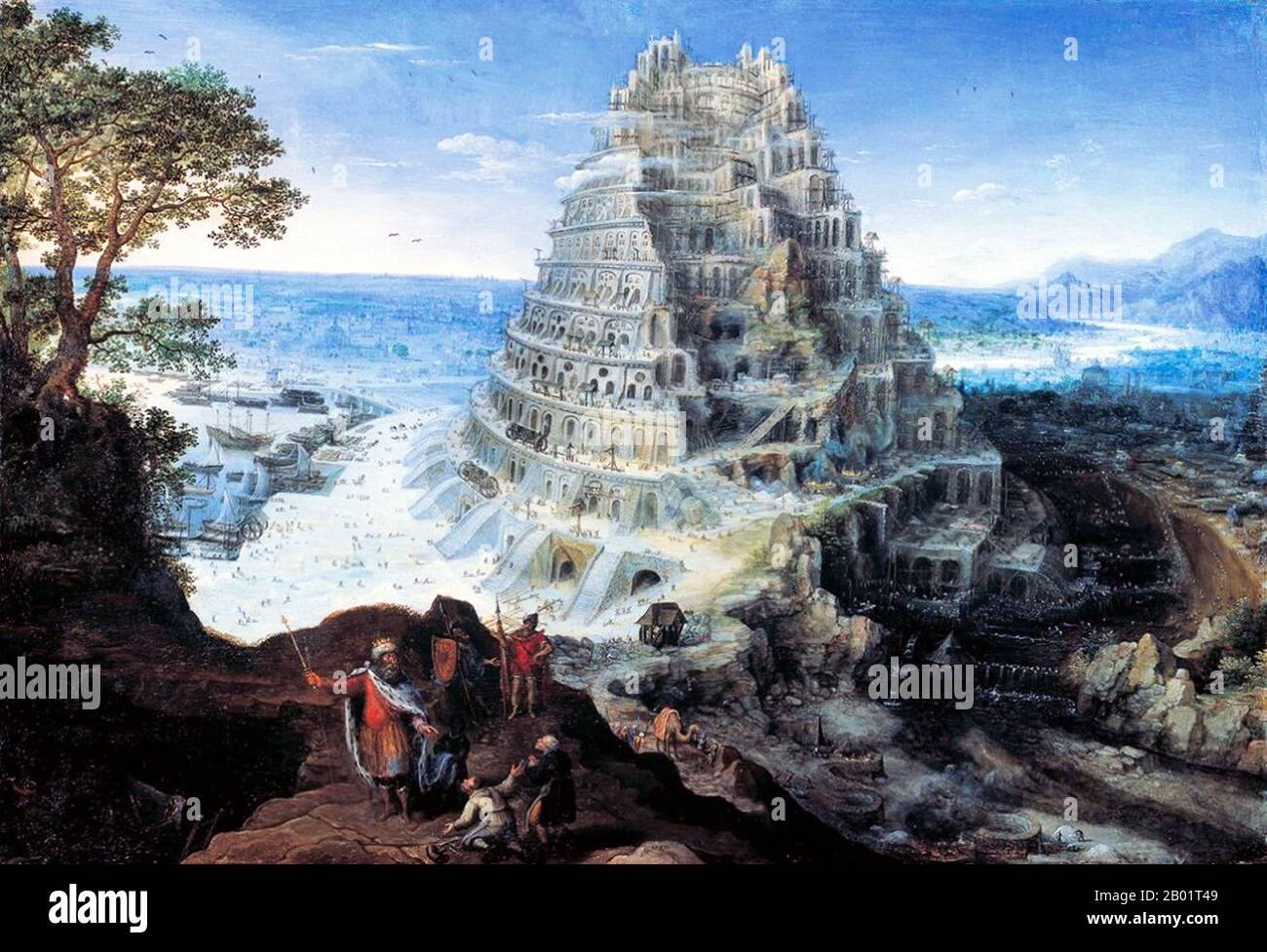 Belgium/Iraq/Mesopotamia: 'The Tower of Babel'. Oil on oak wood painting by Lucas Van Valckenborch (1535 - 2 February 1597), 1595.  The Tower of Babel, according to the Book of Genesis, was an enormous tower built in the plain of Shinar.  According to the biblical account, a united humanity of the generations following the Great Flood, speaking a single language and migrating from the east, came to the land of Shinar, where they resolved to build a city with a tower 'with its top in the heavens...lest we be scattered abroad upon the face of the Earth'. Stock Photo