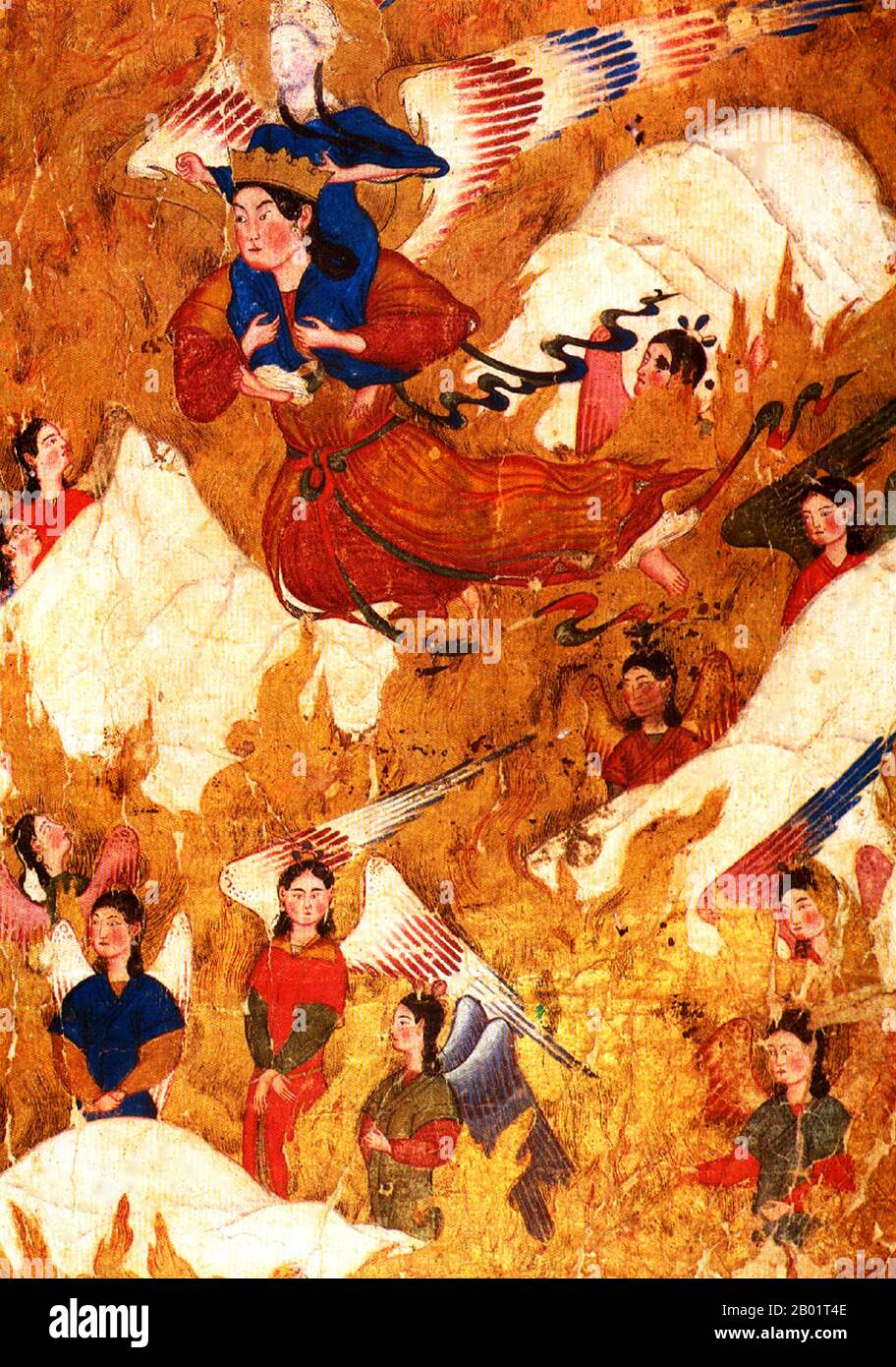 Iran/Persia: The angel Jibril (Gabriel) carries the Prophet Muhammad on his miraj or night journey. Miniature painting from the Miraj Nama or 'Ascension of Muhammad' by Ahmad Musa, c. 1330-1350.  The Isra and Mi'raj are the two parts of a Night Journey that, according to Islamic tradition, the Prophet Muhammad took during a single night around the year 621. It considered as both a physical and spiritual journey.  A brief outline of the story is related in surah 17 'Al-Isra' of the Qur'an, and other details come from the Hadith, supplemental accounts of the life of the Prophet Muhammad. Stock Photo