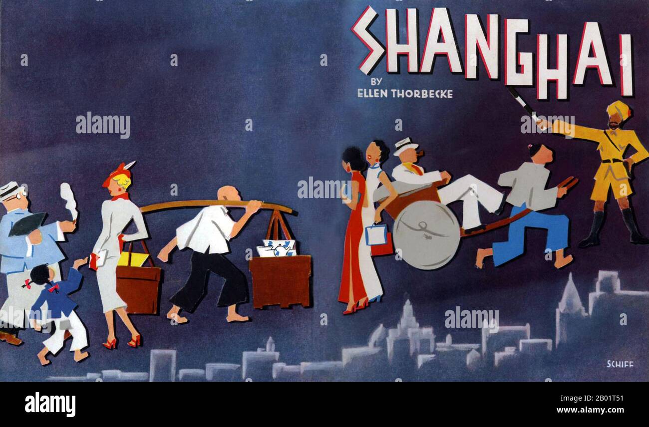 China: Front and rear cover of 'Shanghai', by Ellen Thorbecke with sketches by Friedrich Schiff (Shanghai, 1940).  Book cover by the Austrian artist Friedrich Schiff, who lived in Shanghai during the 1930s and 1940s. His images exemplify the 'anything goes' atmosphere and indulgence amidst poverty that characterised Old Shanghai and which would soon be brought to an abrupt end by Japanese invasion (1937) and Communist revolution (1949). Stock Photo