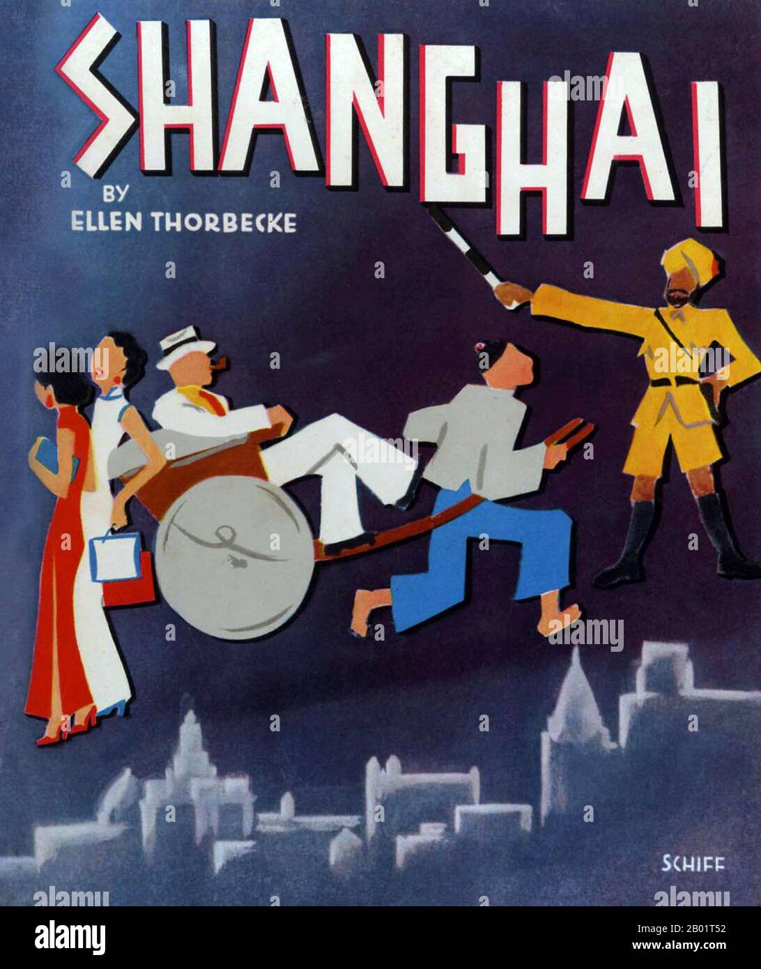 China: Front cover of 'Shanghai', by Ellen Thorbecke with sketches by Friedrich Schiff (Shanghai, 1940).  Book cover by the Austrian artist Friedrich Schiff, who lived in Shanghai during the 1930s and 1940s. His images exemplify the 'anything goes' atmosphere and indulgence amidst poverty that characterised Old Shanghai and which would soon be brought to an abrupt end by Japanese invasion (1937) and Communist revolution (1949). Stock Photo