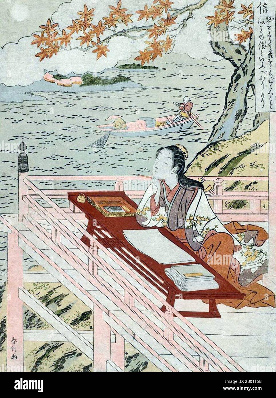 Japan: Lady Murasaki Shikibu (c. 973-1025), poet and novelist, writing at Ishiyama-dera. Ukiyo-e woodblock print by Harunobu Suzuki (1727 - 29 June 1770), c. 1767.  Murasaki Shikibu was a Japanese novelist, poet and lady-in-waiting at the Imperial court during the Heian period. She is best known as the author of 'The Tale of Genji', written in Japanese between about 1000 and 1012. Murasaki Shikibu is a nickname; her real name is unknown, but she may have been Fujiwara Takako, who was mentioned in a 1007 court diary as an imperial lady-in-waiting. Stock Photo