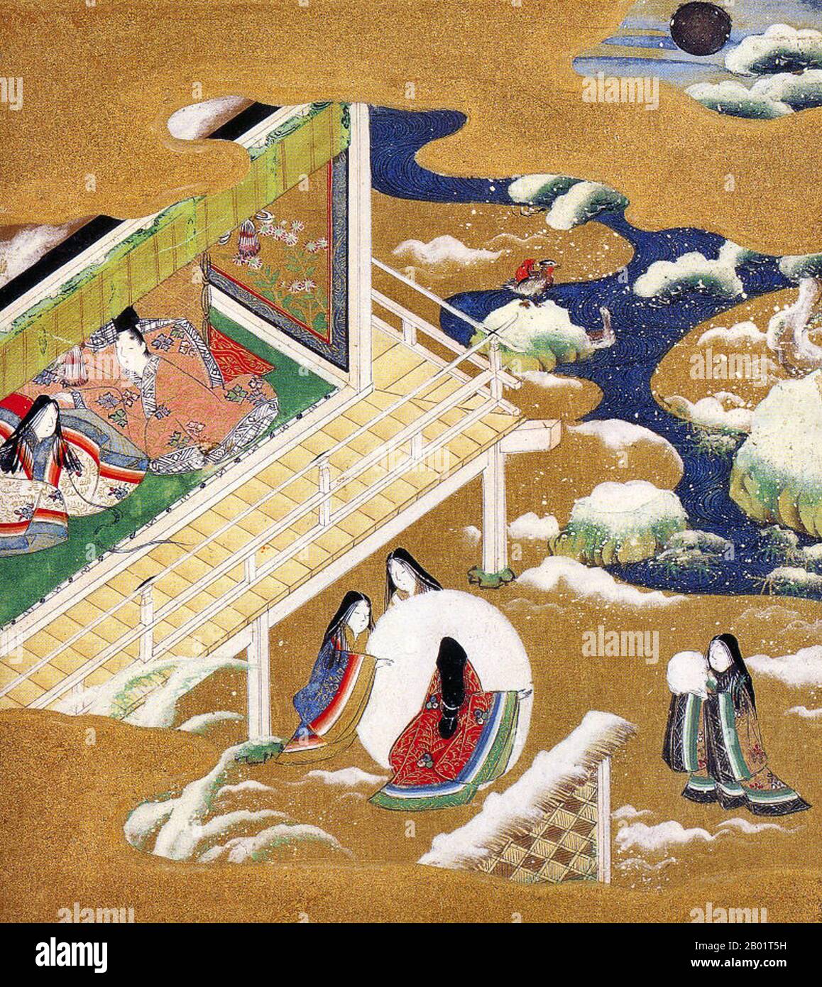 Japan: 'Chapter 20 - Asagao' from the 'Tale of Genji'. Painting by Tosa Mitsuoki (23 October 1617 - 25 September 1691), late 17th century.  The Tale of Genji (Genji Monogatari) is a classic work of Japanese literature attributed to the Japanese noblewoman Murasaki Shikibu in the early 11th century, around the peak of the Heian period.  It is sometimes called the world's first novel, the first modern novel, the first psychological novel or the first novel still to be considered a classic. Notably, the novel also illustrates a unique depiction of the livelihoods of Heian period high courtiers. Stock Photo