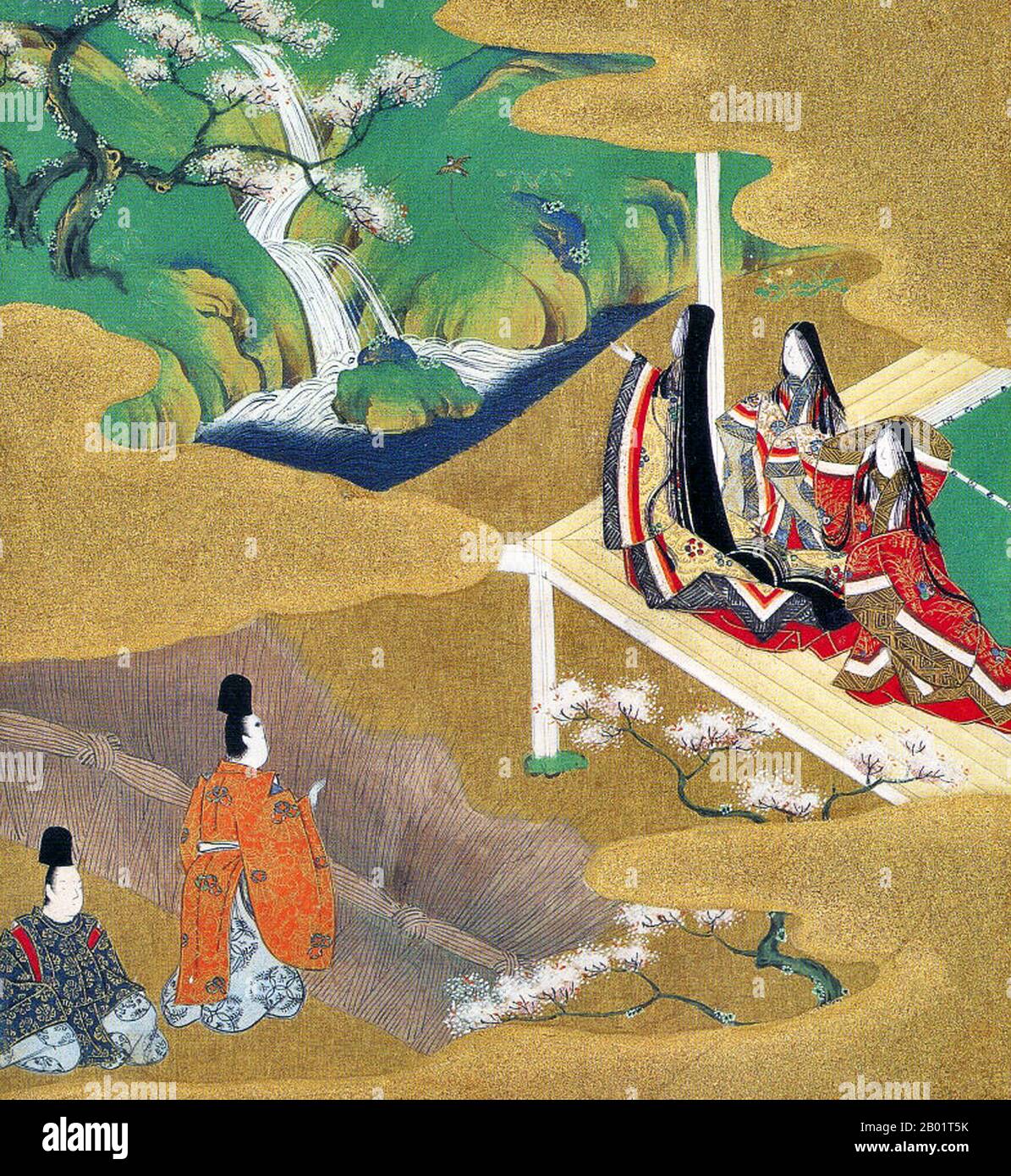 Japan: 'Chapter 5 - Wakamurasaki' from the 'Tale of Genji'. Painting by Tosa Mitsuoki (23 October 1617 - 25 September 1691), late 17th century.  The Tale of Genji (Genji Monogatari) is a classic work of Japanese literature attributed to the Japanese noblewoman Murasaki Shikibu in the early 11th century, around the peak of the Heian period.  It is sometimes called the world's first novel, the first modern novel, the first psychological novel or the first novel still to be considered a classic. Notably, the novel also illustrates a unique depiction of the livelihoods of Heian Era high courtiers. Stock Photo