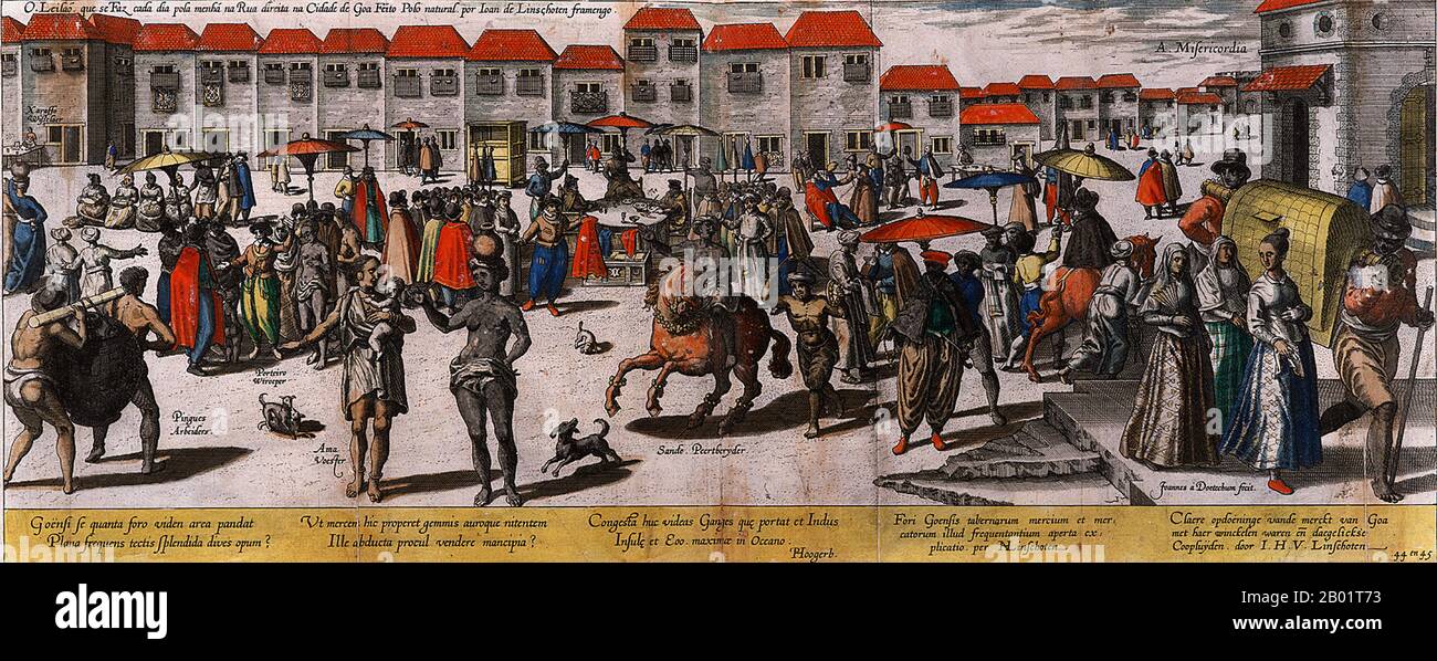 India/Netherlands: Right Street, Goa as represented in Jan Huygen van Linschoten's (1562-1611) Itinerario, 1596.  The Dutch traveler Jan Huygen van Linschoten lived in Goa on the west coast of India between 1583 and 1588, where he acted as secretary to the Portuguese archbishop Dom Vicente da Fonseca.  After he returned to the Low Countries, in 1592 he collaborated with the Dutch scholar, Berent ten Broecke, to write a series of accounts of the Indies using his extensive first-hand experience as well as a number of Iberian maps, books and manuscripts he had collected during his travels. Stock Photo