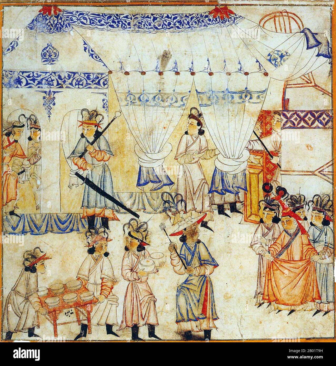 Iran/Persia: Preparations for a festival. Watercolour painting by Rashid al-Din, Jami al-Tawarikh, c. 1305 CE.  The Jāmiʿ al-tawārīkh ('Compendium of Chronicles') or Universal History is an Iranian work of literature and history written by Rashid-al-Din Hamadani at the start of the 14th century. Stock Photo