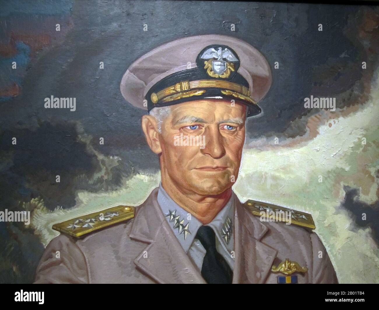 USA: Admiral Chester William Nimitz (24 February 1885 - 20 February 1966). Oil on board painting by Dean Cornwell (5 March 1892 - 4 December 1960), 1944.  Fleet Admiral Chester William Nimitz, GCB, USN was a five-star admiral of the United States Navy. He held the dual command of Commander in Chief, United States Pacific Fleet (CinCPac), for U.S. naval forces and Commander in Chief, Pacific Ocean Areas (CinCPOA), for U.S. and Allied air, land and sea forces during World War II.  He was the leading U.S. Navy authority on submarines, as well as Chief of the Navy's Bureau of Navigation in 1939. Stock Photo