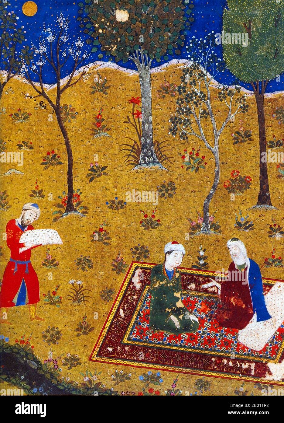 Iran/Persia: The poet Sa'di converses with a young man on a Persian carpet in a garden by night. Miniature painting from Gulistan Sa'di. Herat, 1427.  Abū-Muḥammad Muṣliḥ al-Dīn bin Abdallāh Shīrāzī, Saadi Shirazi, better known by his pen-name Saʿdī or, simply, Saadi, was one of the major Persian poets of the medieval period. He is not only famous in Persian-speaking countries, but he has also been quoted in western sources. He is recognised for the quality of his writings, and for the depth of his social and moral thoughts. Stock Photo