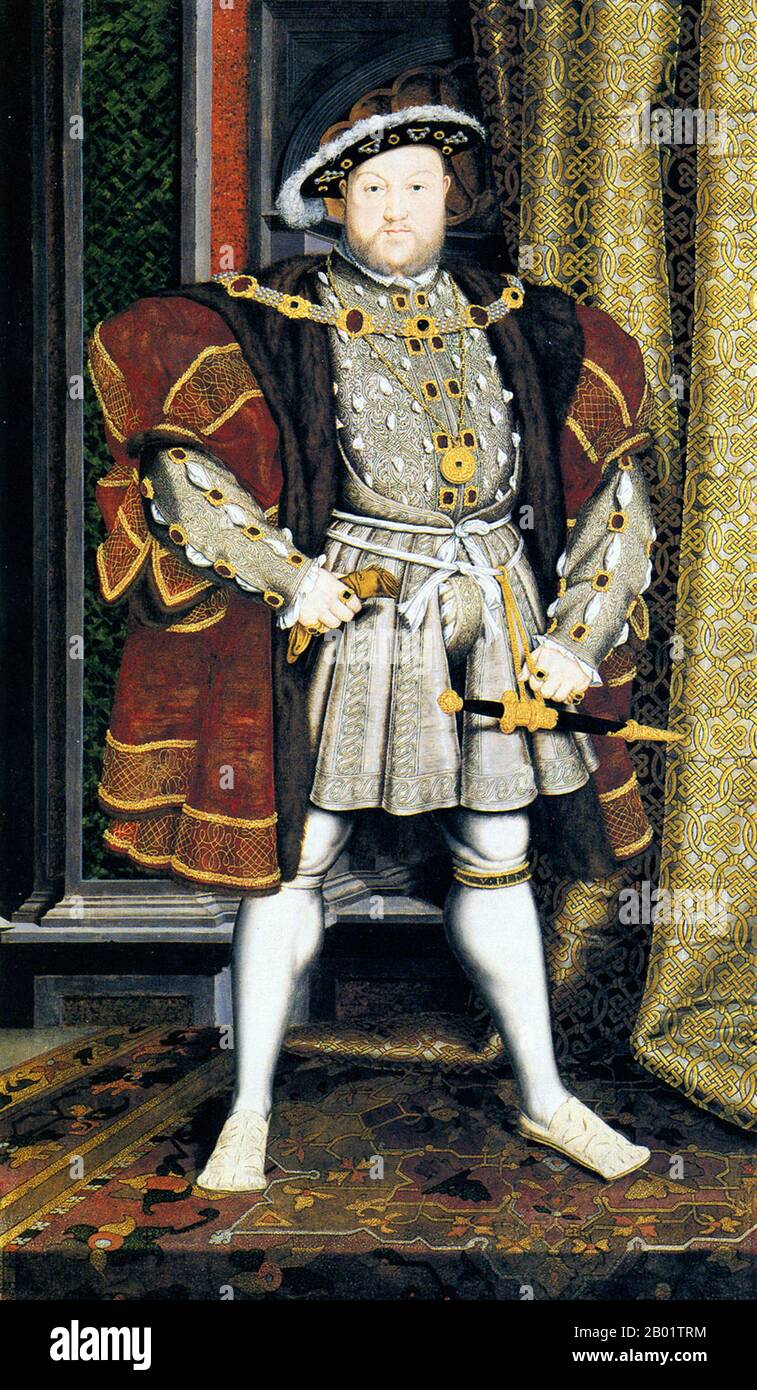 England: King Henry VIII (28 June 1491 - 28 January 1547), standing on an Ushak Turkish carpet. Oil on canvas painting by Hans Holbein the Younger (1497-1543), c. 1537.  Henry VIII of the House of Tudor was King of England from 22 April 1509 until his death in 1547. Henry was infamous for his six marriages and his initiation of the English Reformation, due to his disagreement with Pope Clement VII about his desire to have his first marriage to Catherine of Aragon annulled. Under his rule the Church of England separated from papal authority, with him as Supreme Head of the Church of England. Stock Photo