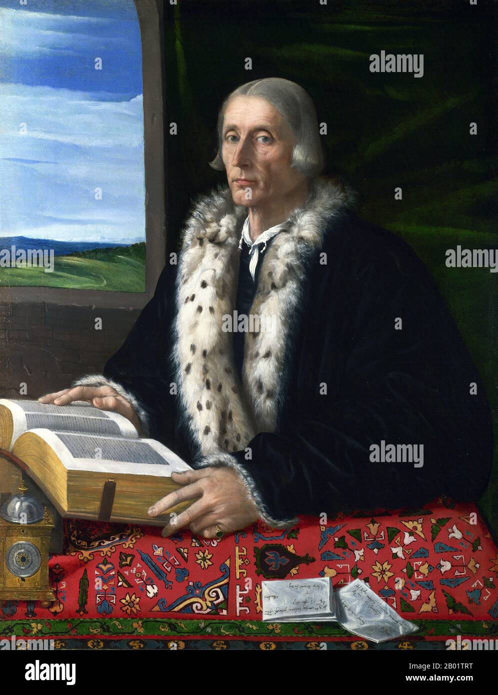 Italy: 'The Pronotary Giovanni Giuliano (Zuan Zulian)'. Oil on canvas painting by an anonymous artist, c. 1528-1542.  Oriental carpets more than two centuries old have rarely survived and are rarely represented in Islamic Art since Sunni Islam (and to a lesser extent Shia) eschews representational art in favour of precisely the repetitive geometric symbols and arabesques found, for example, in oriental carpets.  This means that most examples of 17th century and earlier oriental carpets, mainly produced in Muslim lands, are only to be found in paintings from Christian lands. Stock Photo