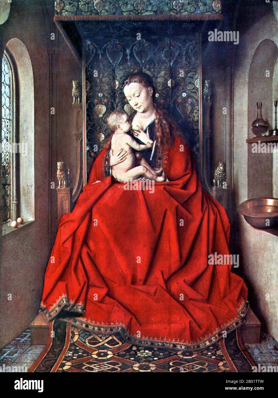 Netherlands: 'Lucca Madonna'. Oil on wood painting by Jan van Eyck (c. 1390-1441), c. 1430  Jan van Eyck was a Flemish painter primarily active in Bruges, one of the early innovators of what would become known as Early Netherlandish painting. A major representative of Early Northern Renaissance art, he worked in the courts of multiple rulers and nobles, such as Philip the Good, Duke of Burgundy. Highly regarded by Philip, Jan often travelled in his name during diplomatic visits. Around 20 paintings are confidently attributed to him. Stock Photo