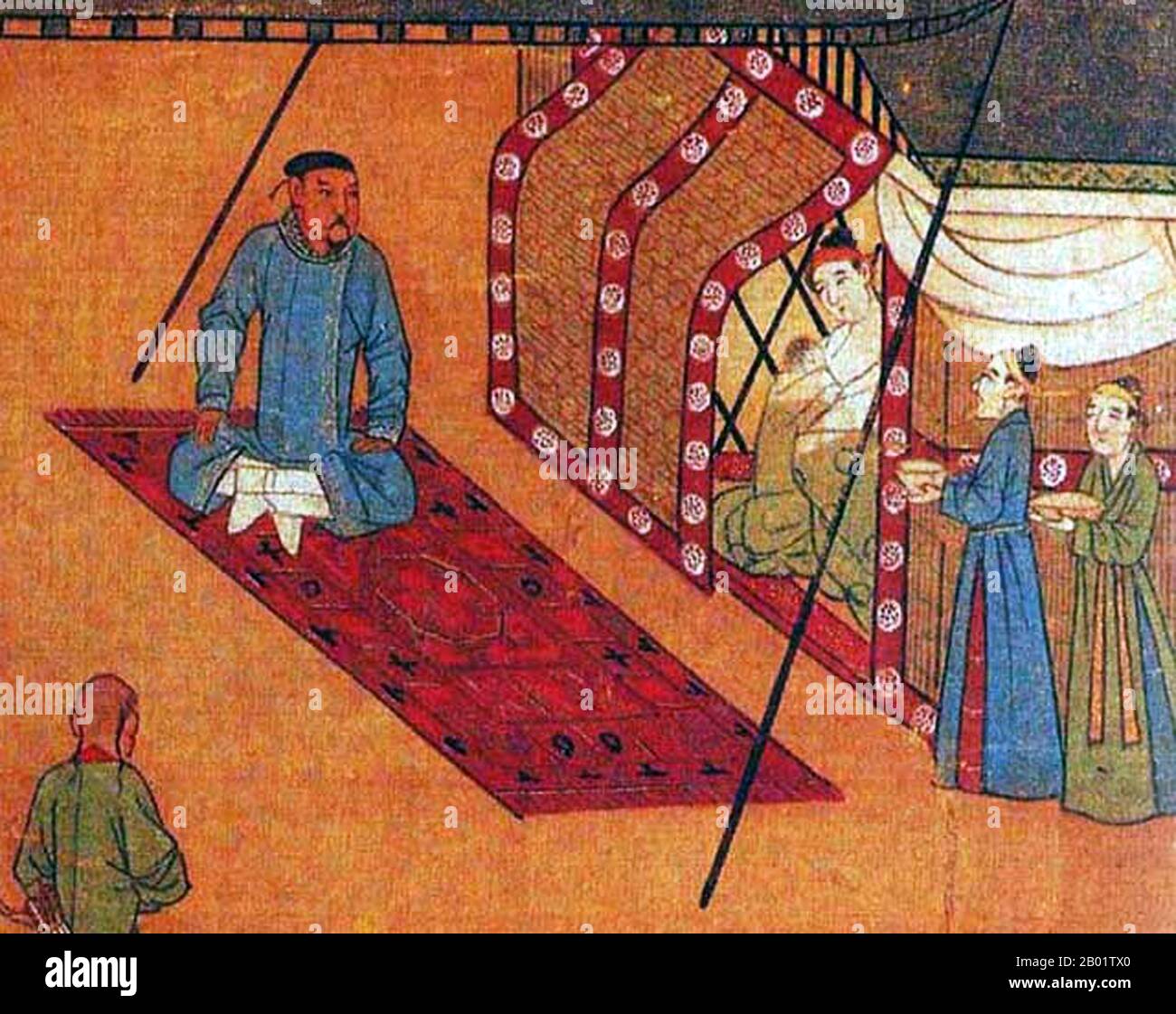 China: A Xiongnu noble seated on an oriental carpet, Lady Wenji and her child seated inside a tent. Detail from a 14th century scroll painting based on a 10th-11th century Song Dynasty original.  Cai Wenji was born shortly before 178 CE in what is now Qi County, Henan. In 195, the chaos after Chancellor Dong Zhuo's death brought Xiongnu nomads into the Chinese capital and Cai Wenji was taken as prisoner to the northern lands. During her captivity, she became the wife of the Xiongnu chieftain Liu Bao and bore him two sons. She was eventually ransomed back and returned home 12 years later. Stock Photo