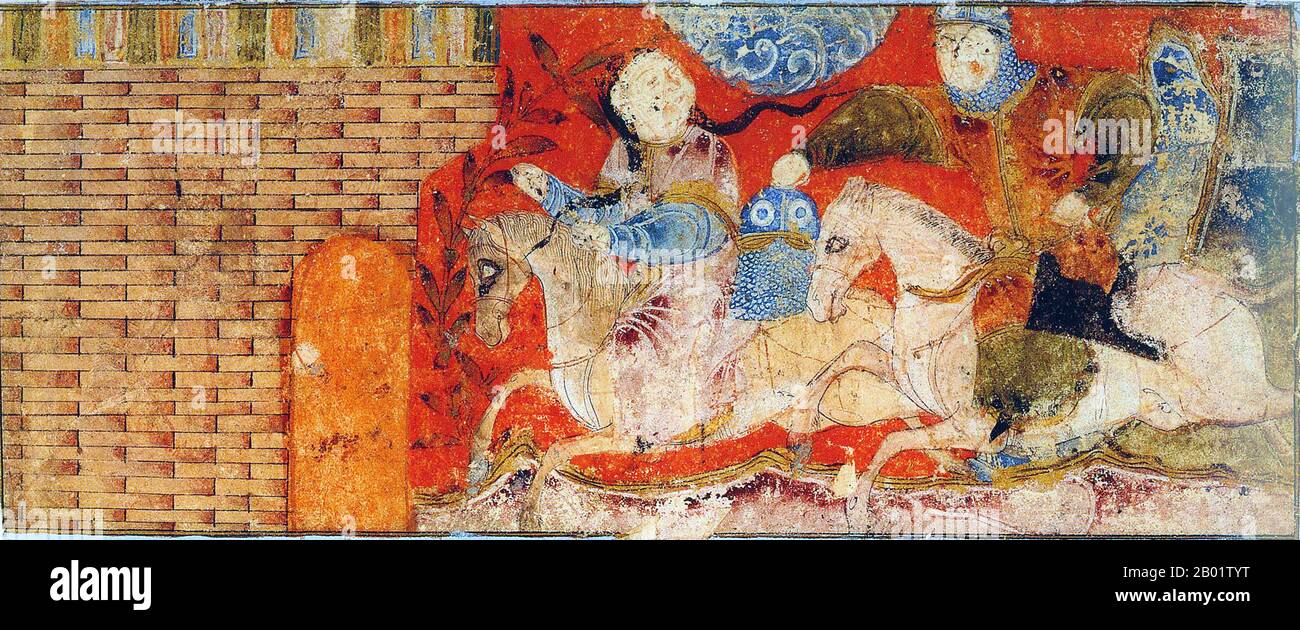 Iran/Persia: Suhrab, son of Rustam, discovers he has been fighting with Gurdafarid when he rips her helmet off and discovers she is a woman. Illustration from an early 14th century Shahnameh, Isfahan.  The Shahnameh or Shah-nama ('The Book of Kings') is a long epic poem written by the Persian poet Ferdowsi between 977 and 1010 CE and is the national epic of Iran and related Perso-Iranian cultures. With around 60,000 verses, the Shahnameh tells the mythical and to some extent the historical past of Greater Iran from the creation of the world until the 7th century Islamic conquest of Persia. Stock Photo