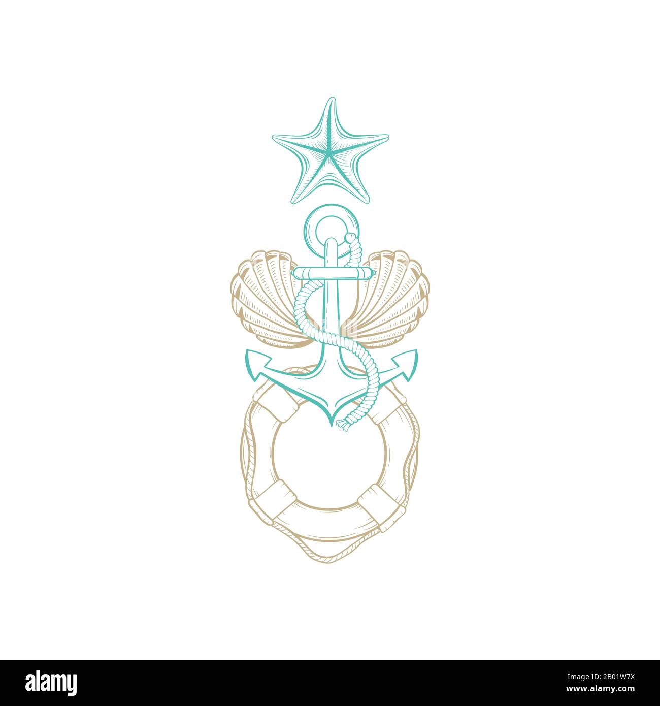 Marine art design, vector gold line seashell, ship anchor with rope, starfish and buoy abstract symbol. Nautical line art style sketch drawing in turquoise and gold etching for t-shirt print Stock Vector
