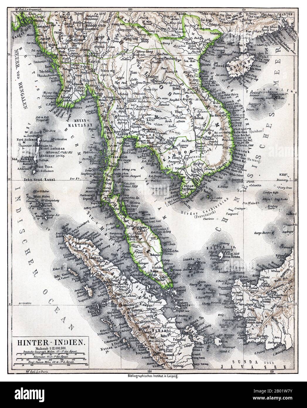 Southeast Asia: 'Hinter-Indien' ('Further India'), a map of Greater Indochina and the western part of the Malay-Indonesian Archipelago, Bibliographisches Institut in Leipzig, Germany, 1876.  Physical map showing approximate political frontiers in Green. The Shan and Lao states are shown independent of (or tributary to) Siam. Chiang Mai ('Tshien-Mai'and Luang Prabang are both shown lying within the frontiers of a greater Siam,, but the territoryy of Chiang Mai extends further to the northwest, into Burma's Shan State, beyond the Salween River, than it does today. Stock Photo