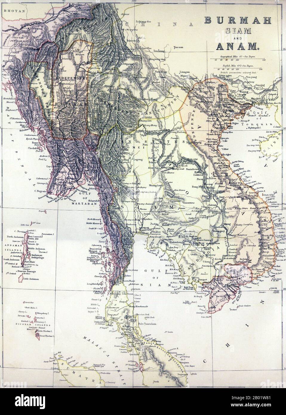 Southeast Asia: 'Burmah, Siam and Anam'. Map of Greater Indochina and the western part of the Malay-Indonesian Archipelago, 1886.  A political map of mainland Southeast Asia including Burma, Thailand, Laos, Cambodia and Vietnam, as well as peninsular Malaysia, the Andaman and Nicobar Islands, and part of Sumatra  Published, apparently, just before the 3rd Anglo-Burmese War (1885-1886) which would extinguish Burmese independence, it shows 'Independent Burma' in an approximate rectangle around Mandalay. To the east lies the 'Independent Shan Country' encompassing the Burmese Shan States. Stock Photo