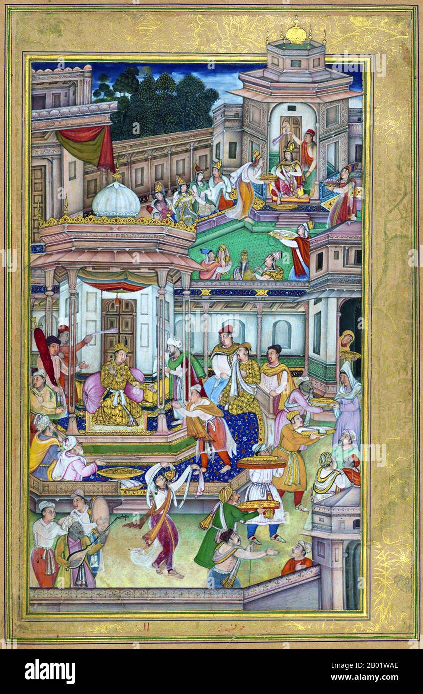 India / Iran: 'Shirin Receives a Ring from Khusraw'. Folio by Farrukh Chela, c. 1597-1598.  Khosrow II (570 - 28 February 628), also spelt Chosroes II and commonly known as Khosrow Parviz ('Khosrow the Victorious'), was a Shahanshah (King of Kings) of the Sasanian Empire, considered to be the last great king of Persia before the Muslim conquest.  His courtship of the Armenian/Roman princess Shirin was a popular subject in works of Persian literature such as Fedrowsi's 'Shahnameh' and Nizami Ganjavi's 'Khosrow and Shirin'. These tales painted him as a great hero, as much a lover as a king. Stock Photo