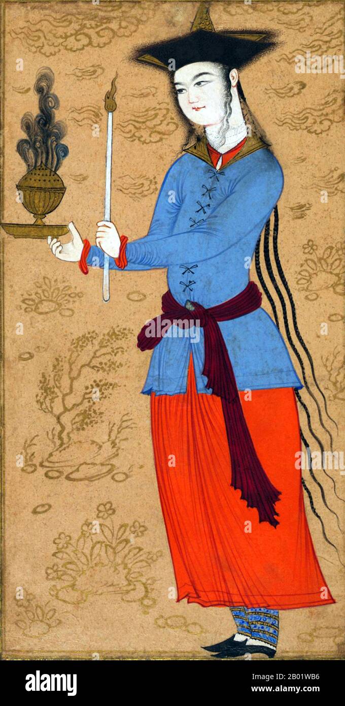 Iran/Persia: A young man holding a taper and an incense burner. Safavid miniature painting, c. 1640.  The Safavid dynasty was one of the most significant ruling dynasties of Iran. They ruled one of the greatest Persian empires since the Muslim conquest of Persia and established the Twelver school of Shi'a Islam as the official religion of their empire, marking one of the most important turning points in Muslim history.  The Safavids ruled from 1501 to 1722 (experiencing a brief restoration from 1729 to 1736). Stock Photo