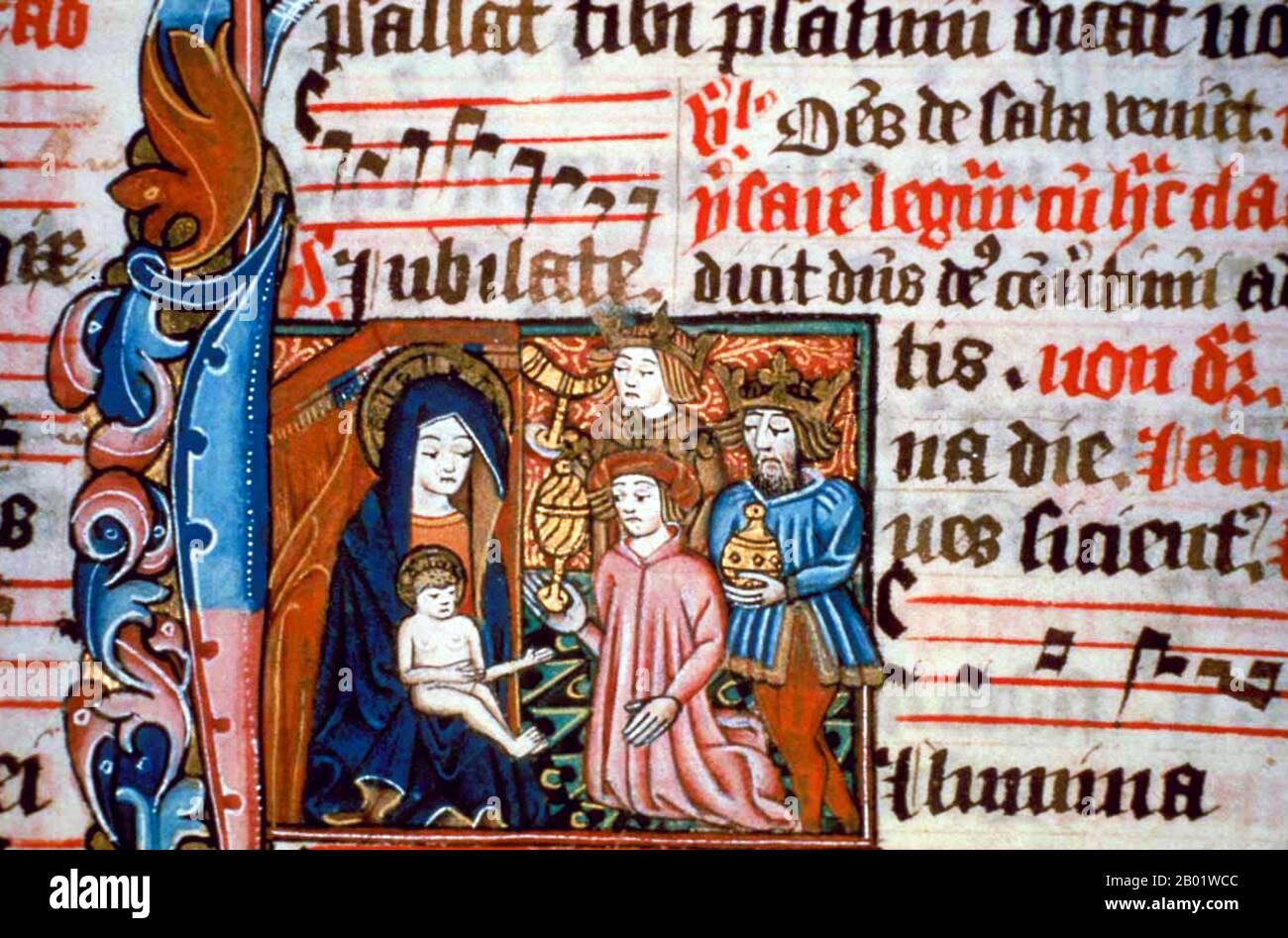 England: 'The Adoration of the Magi', Ranworth Antiphonal/Antiphoner, Norwich, c. 1460-1480 CE.  The Magi, in royal or aristocratic dress, come to adore Christ child and to bring gifts of frankincense, gold and myrrh.  From the Ranworth Antiphonal of c.1460-1480 - its professional but provincial decoration suggest it was made in the Norwich area for use in the Norwich diocese (at Ranworth church, Norfolk, by 1505). Stock Photo