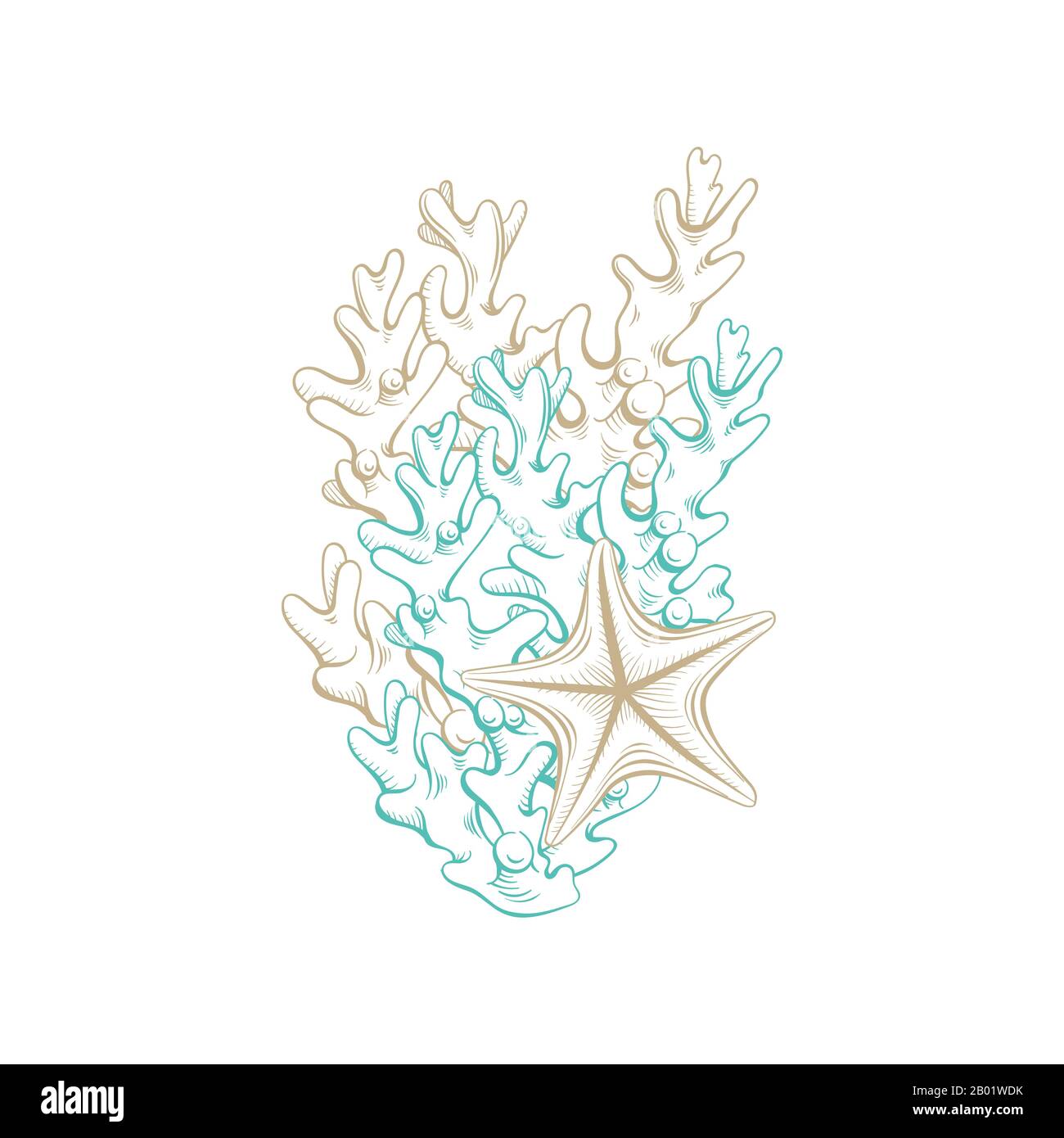 Marine art line composition of ocean corals and sea starfish, vector line art design. Tropical paradise and underwater sea life abstract elements in gold and turquoise color sketch hatching lines Stock Vector