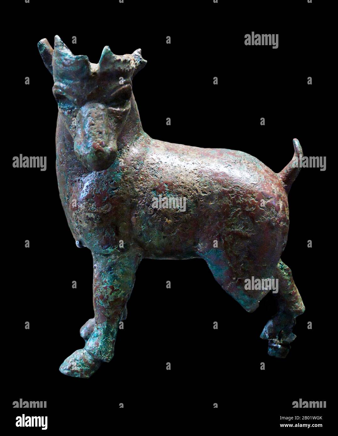 Yemen: Statuette of an ibex. Bronze, 1st century BCE–2nd century CE, Southern Arabia.  South Arabia as a general term refers to several regions as currently recognised, in chief the Republic of Yemen; yet it has historically also included Najran, Jizan, and 'Asir which are presently in Saudi Arabia, and Dhofar presently in Oman. The frontiers of South Arabia as linguistically conceived would include the historic peoples speaking the related South Arabian languages as well as neighboring dialects of Arabic, and their descendants. Stock Photo