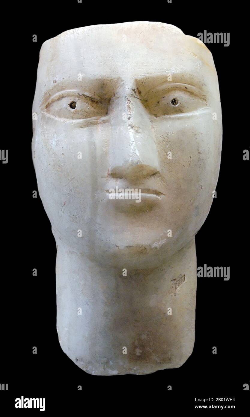 Yemen: Alabaster head, 3rd-1st centuries BCE.  South Arabia as a general term refers to several regions as currently recognised, in chief the Republic of Yemen; yet it has historically also included Najran, Jizan, and 'Asir which are presently in Saudi Arabia, and Dhofar presently in Oman. The frontiers of South Arabia as linguistically conceived would include the historic peoples speaking the related South Arabian languages as well as neighboring dialects of Arabic, and their descendants. Anciently there was a South Arabian alphabet, which was borrowed by Ethiopia. Stock Photo